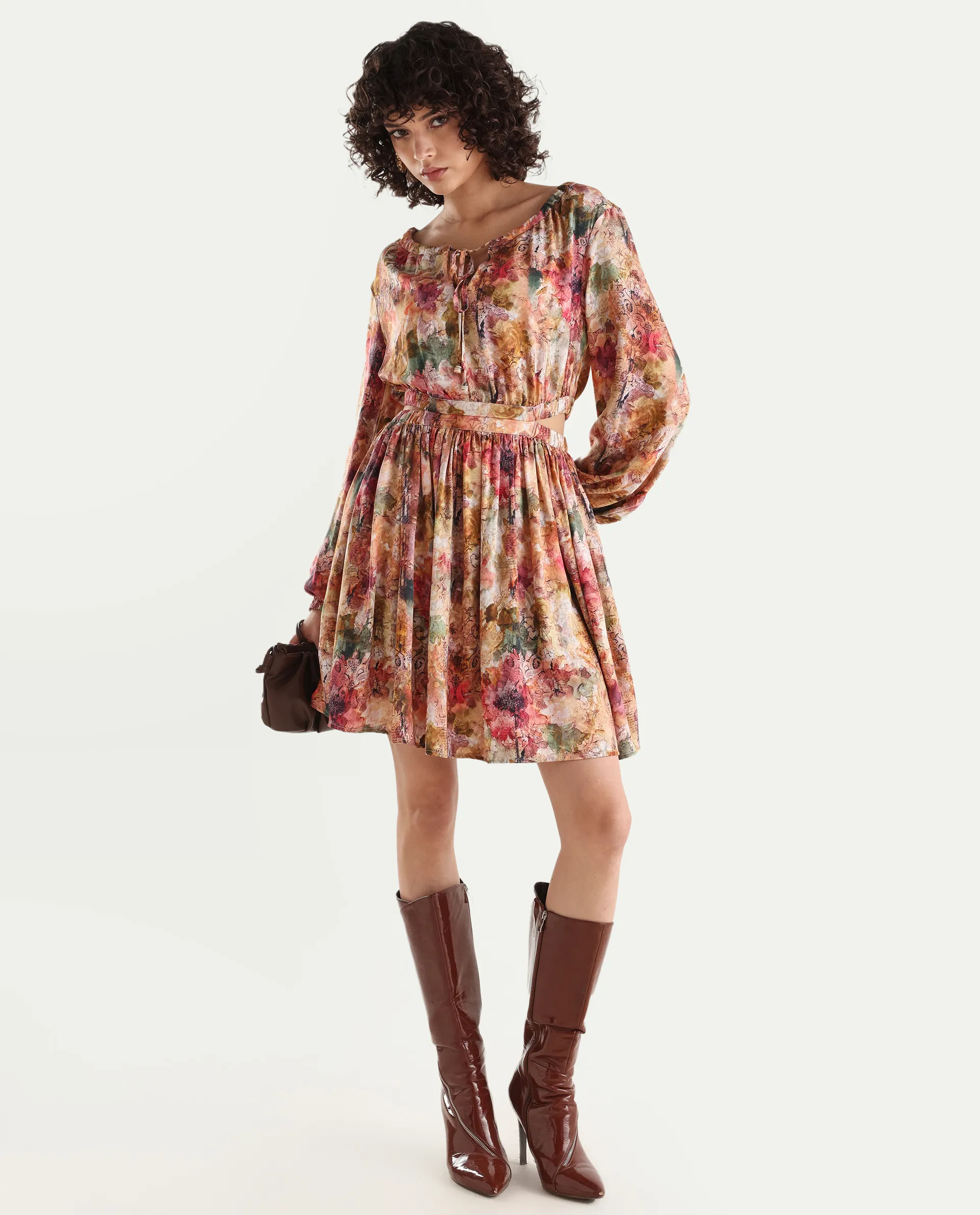 Rareism Women's Chilet Multi Cotton Blend Crew Neck Floral Print Puff Sleeves Knee Length A-Line Dress - Image 2