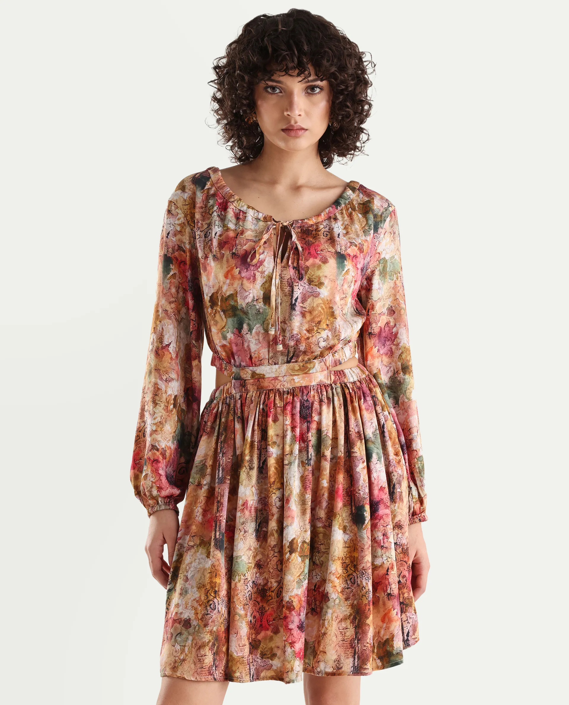 Rareism Women's Chilet Multi Cotton Blend Crew Neck Floral Print Puff Sleeves Knee Length A-Line Dress - Image 3