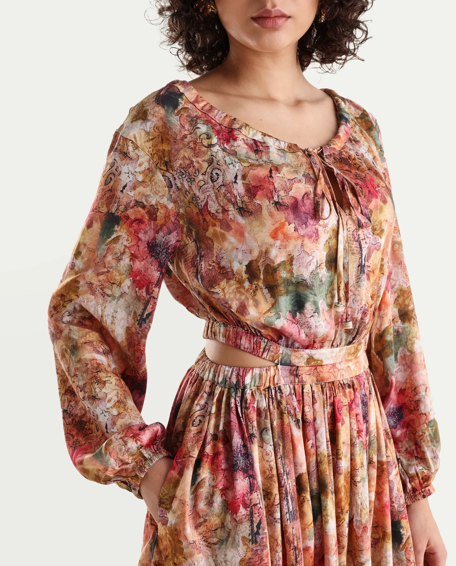 Rareism Women's Chilet Multi Cotton Blend Crew Neck Floral Print Puff Sleeves Knee Length A-Line Dress - Image 4