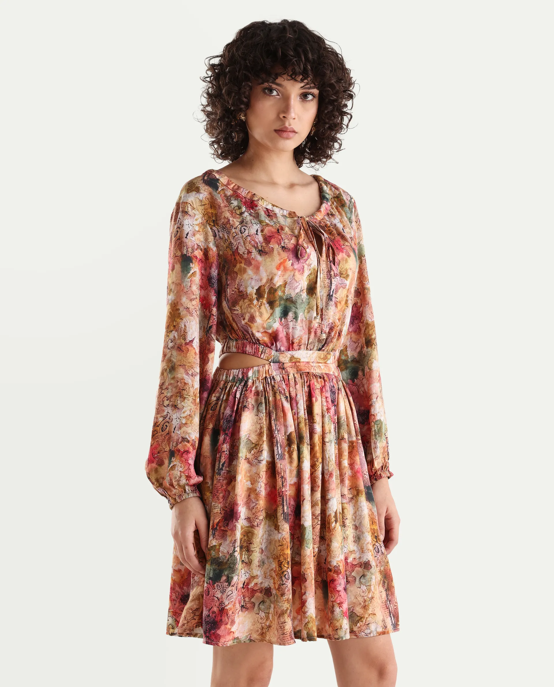 Rareism Women's Chilet Multi Cotton Blend Crew Neck Floral Print Puff Sleeves Knee Length A-Line Dress - Image 5