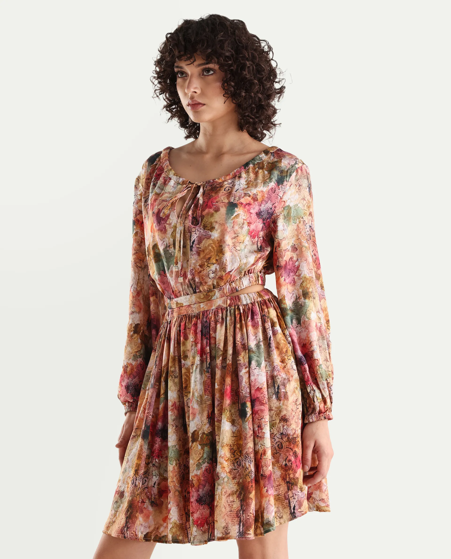 Rareism Women's Chilet Multi Cotton Blend Crew Neck Floral Print Puff Sleeves Knee Length A-Line Dress - Image 6