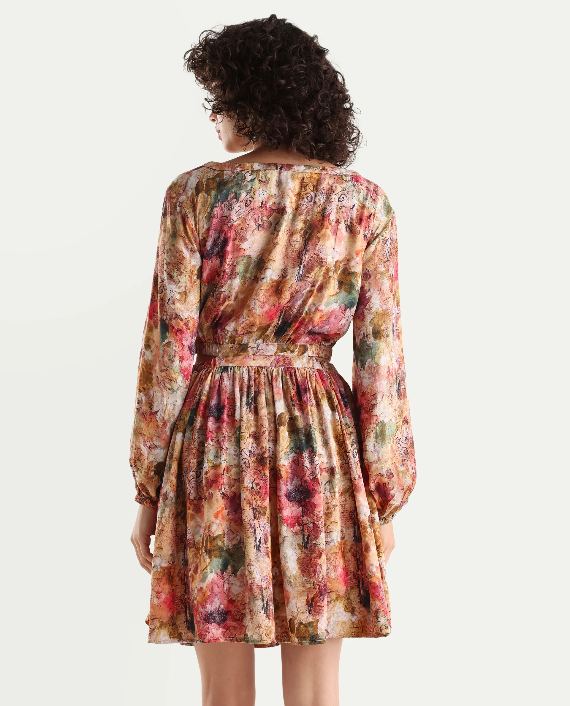 Rareism Women's Chilet Multi Cotton Blend Crew Neck Floral Print Puff Sleeves Knee Length A-Line Dress - Image 7