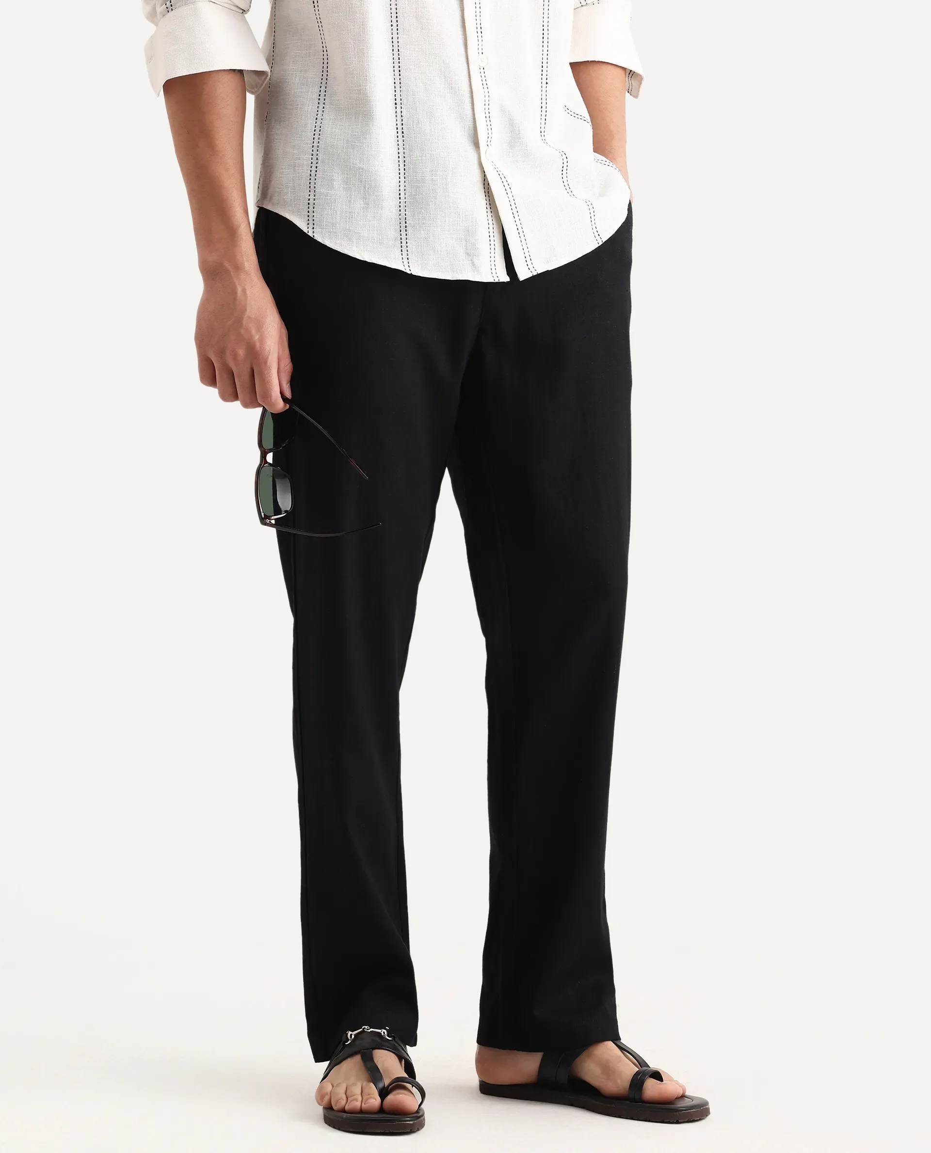 Rare Rabbit Men Chinio Black Linen Blend Drawstring Closure Plain Trouser - Image 2