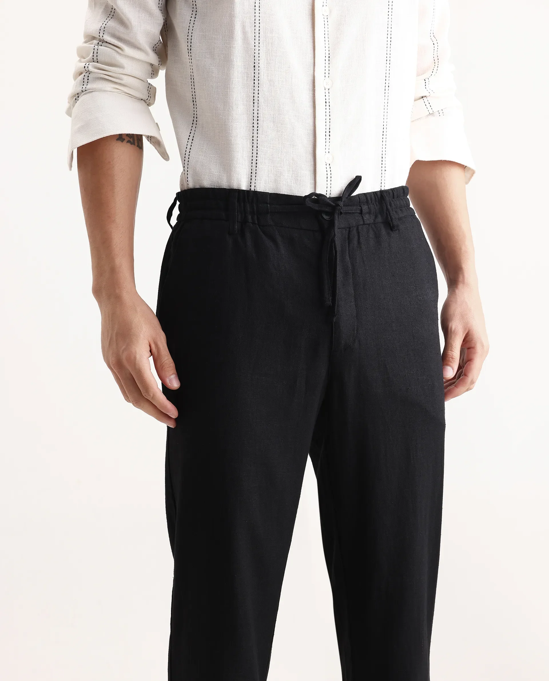 Rare Rabbit Men Chinio Black Linen Blend Drawstring Closure Plain Trouser - Image 3