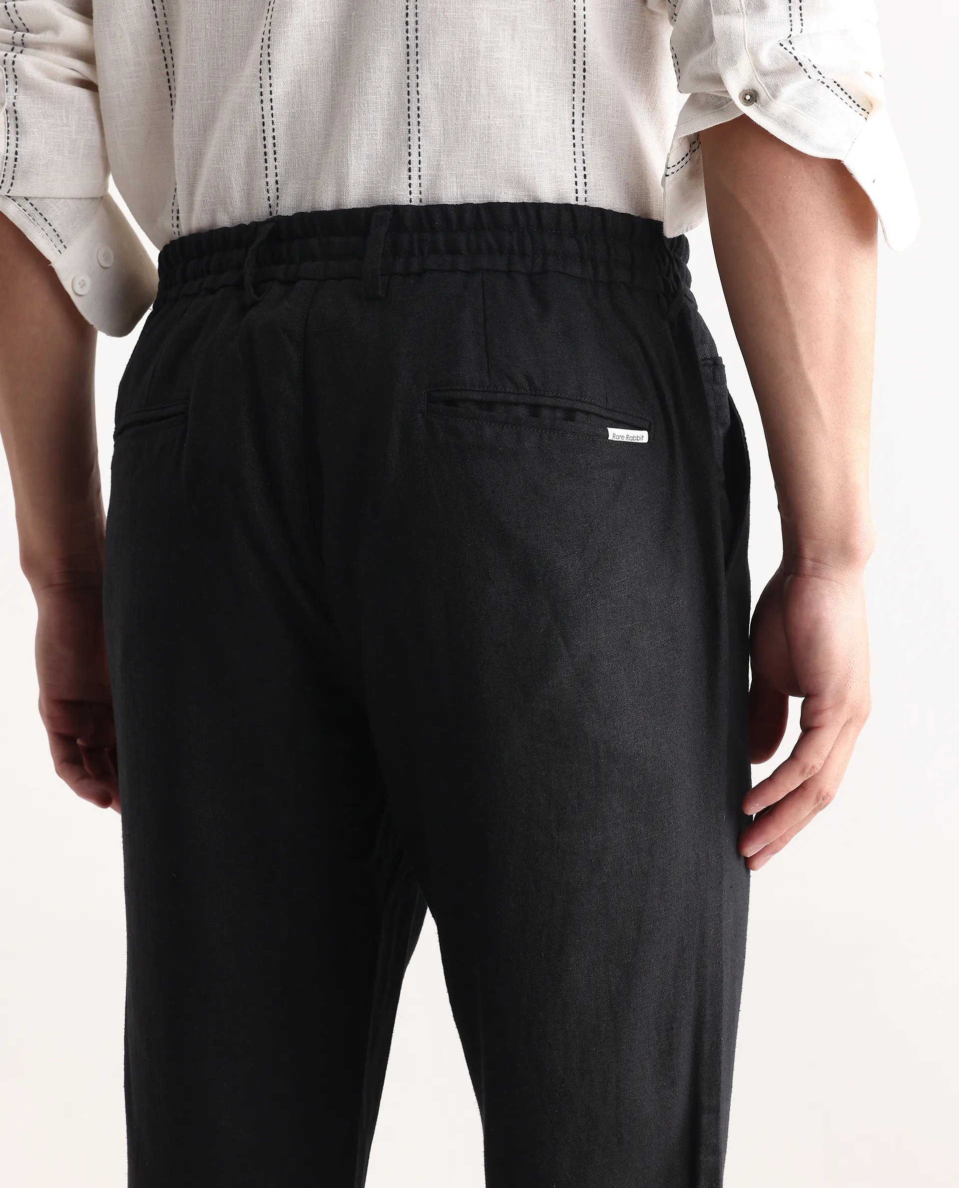 Rare Rabbit Men Chinio Black Linen Blend Drawstring Closure Plain Trouser - Image 7