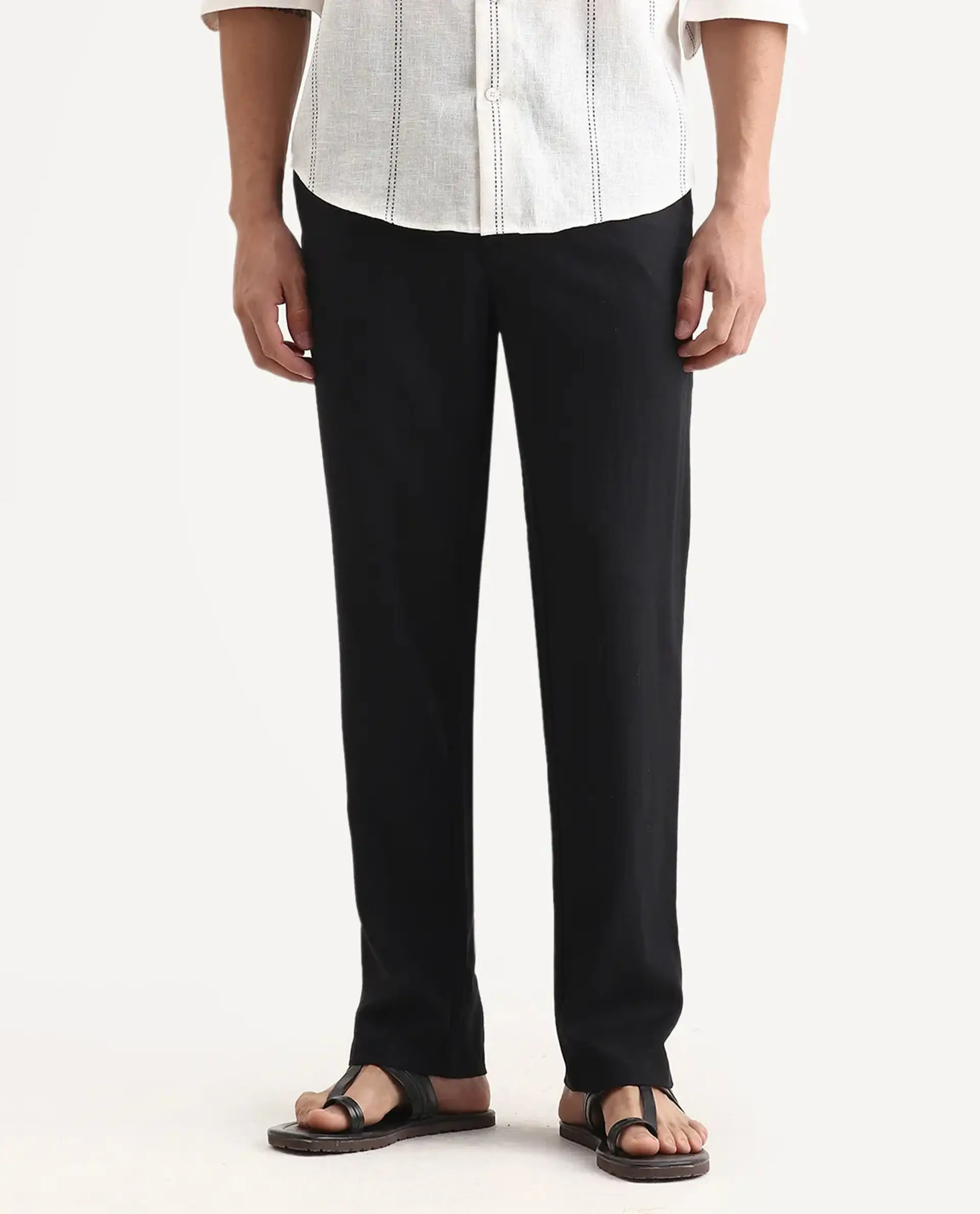 Rare Rabbit Men Chinio Black Linen Blend Drawstring Closure Plain Trouser - Image 9