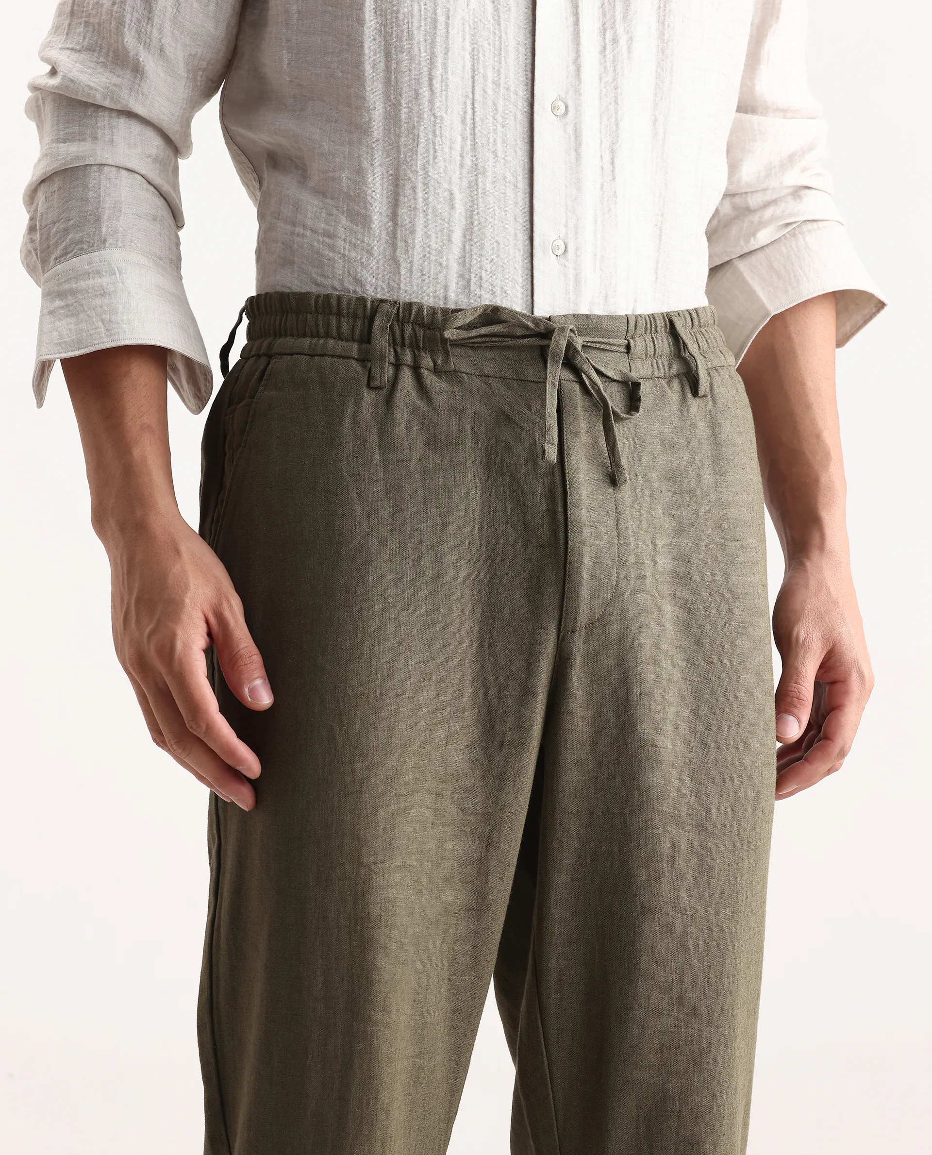 Rare Rabbit Men Chinio Dark Olive Linen Blend Drawstring Closure Plain Trouser - Image 3