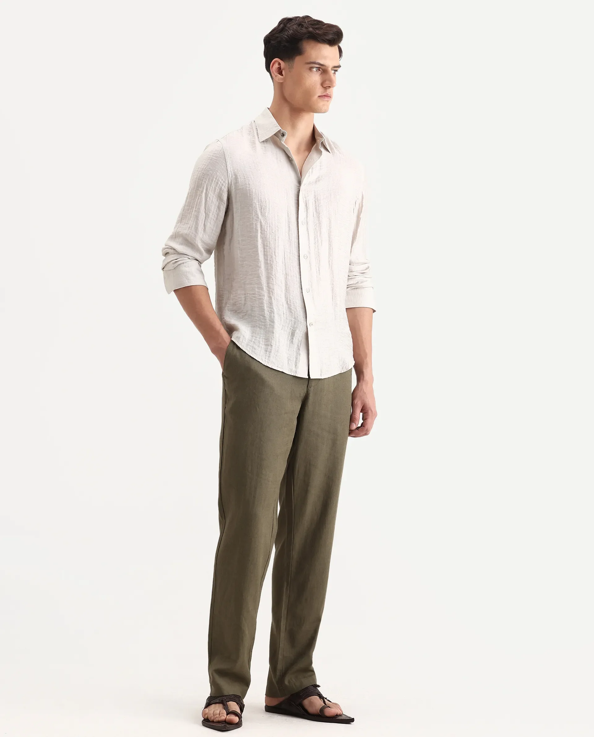Rare Rabbit Men Chinio Dark Olive Linen Blend Drawstring Closure Plain Trouser - Image 6