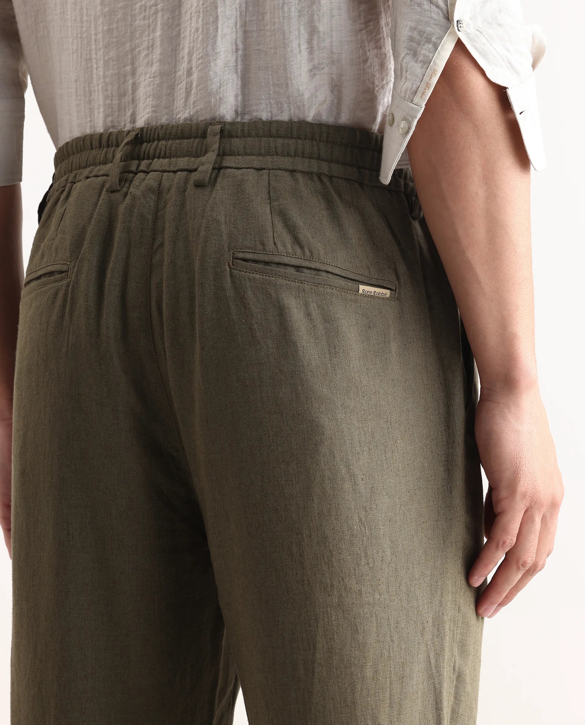Rare Rabbit Men Chinio Dark Olive Linen Blend Drawstring Closure Plain Trouser - Image 7
