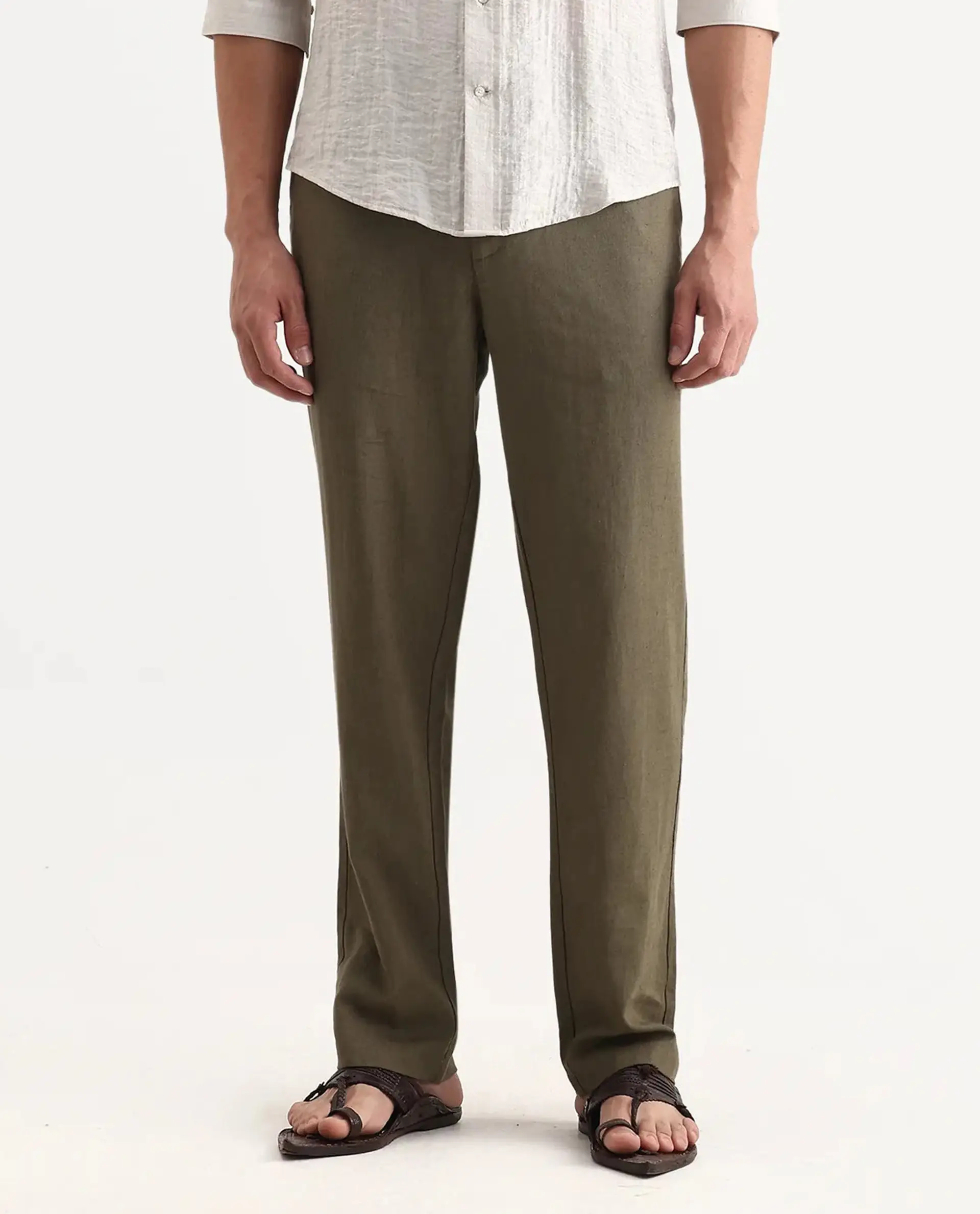 Rare Rabbit Men Chinio Dark Olive Linen Blend Drawstring Closure Plain Trouser - Image 9