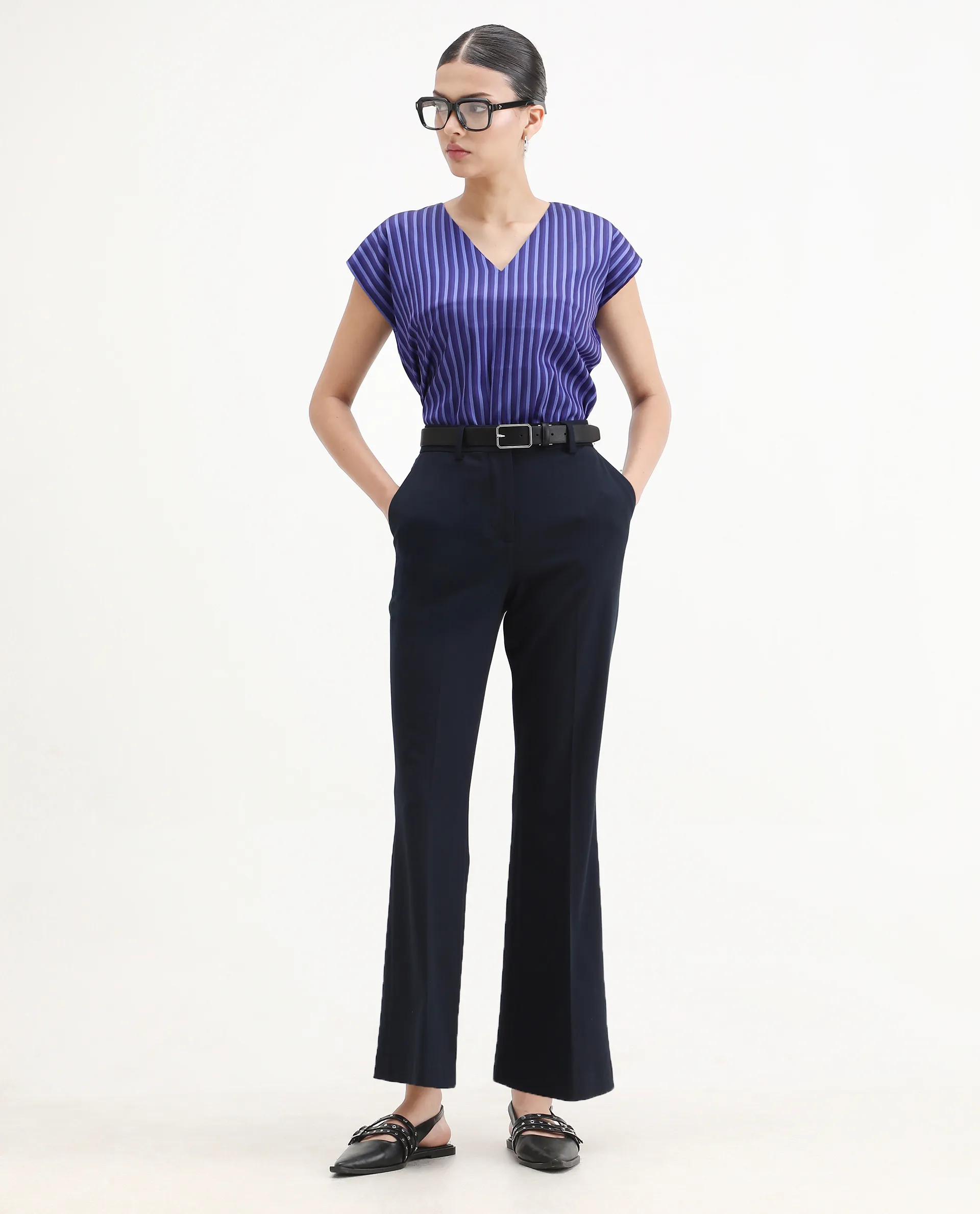 Rareism Women's Chinita Blue Satin V-Neck Striped Extended Sleeves Boxy Fit Top - Image 2