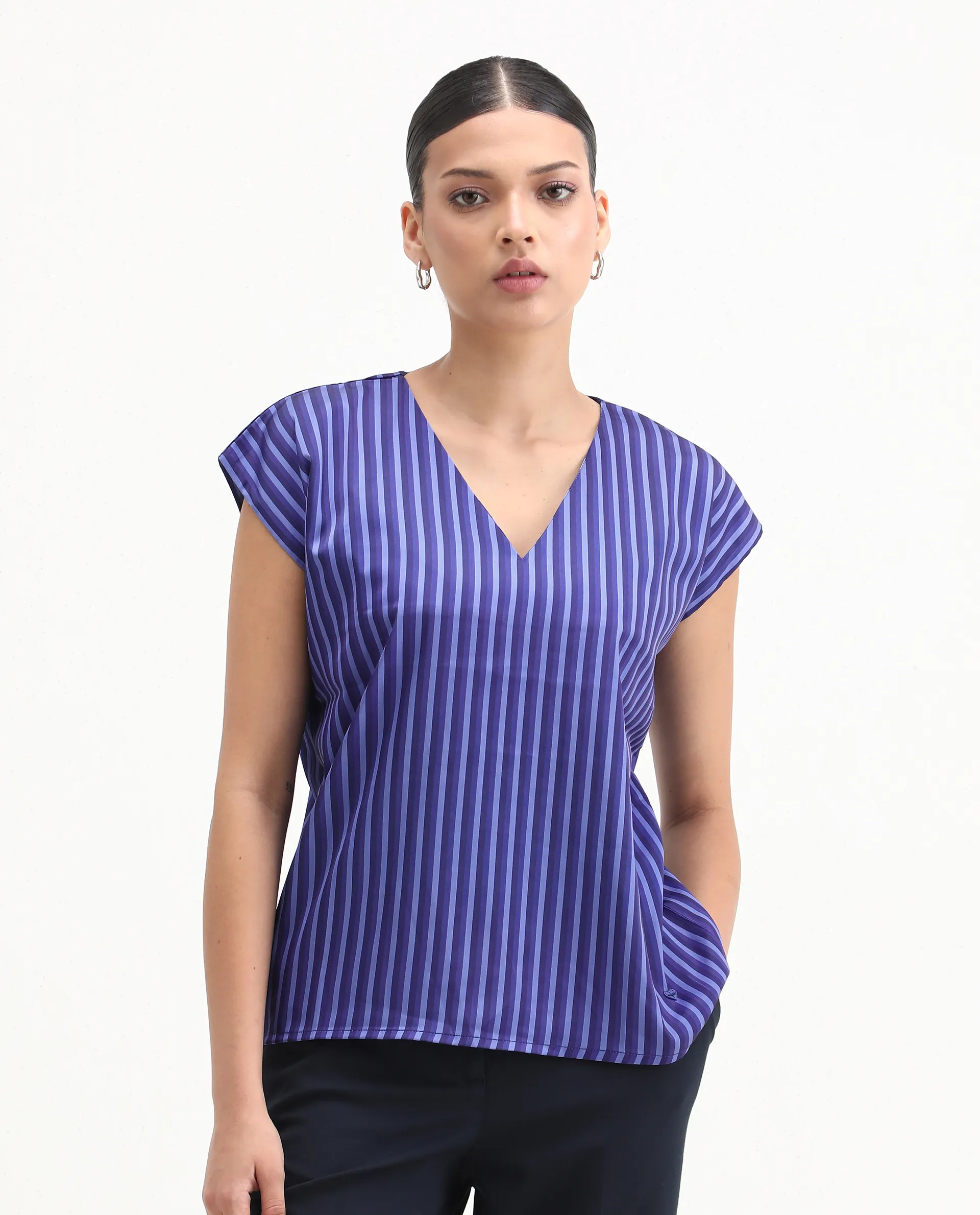 Rareism Women's Chinita Blue Satin V-Neck Striped Extended Sleeves Boxy Fit Top - Image 3
