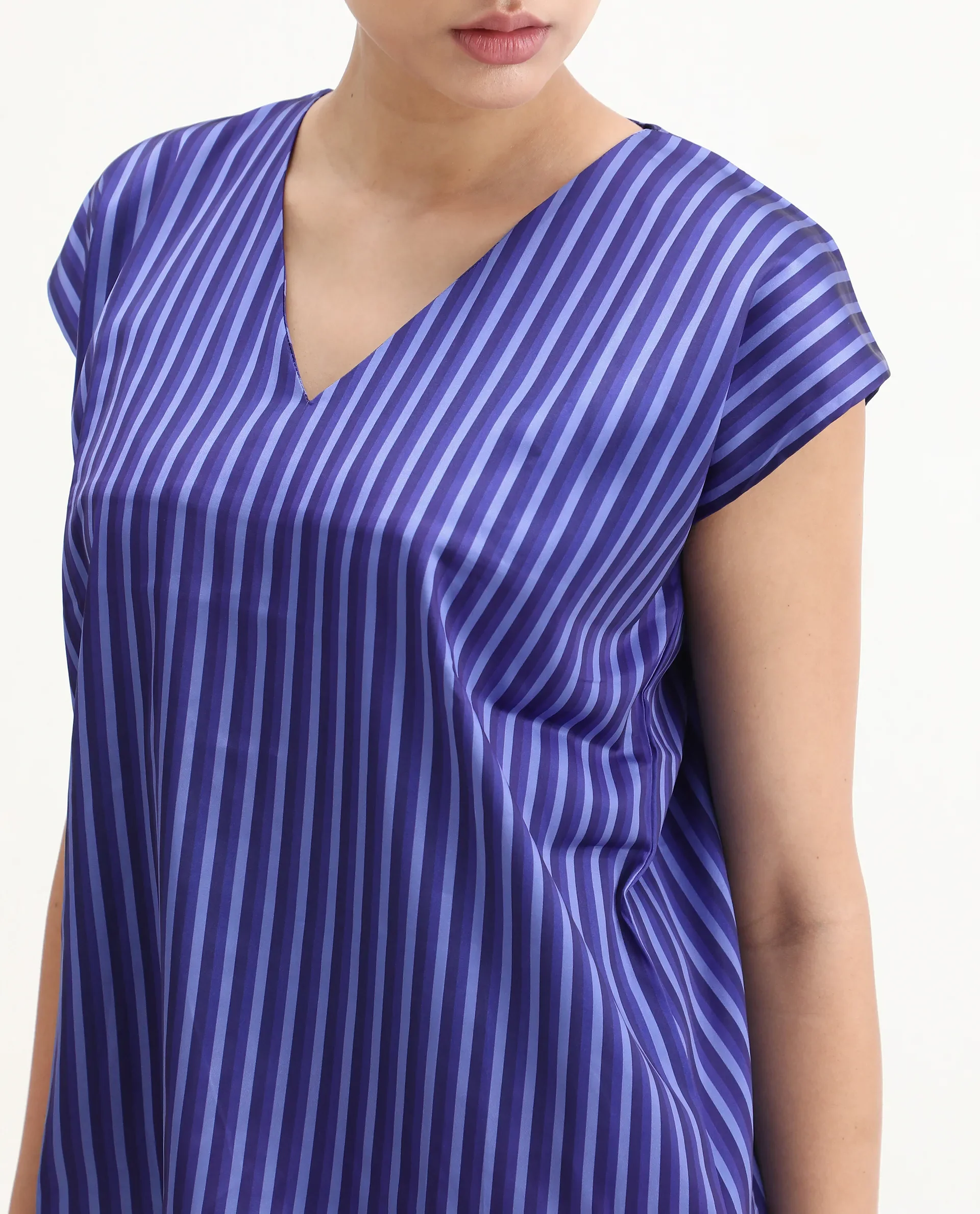 Rareism Women's Chinita Blue Satin V-Neck Striped Extended Sleeves Boxy Fit Top - Image 4