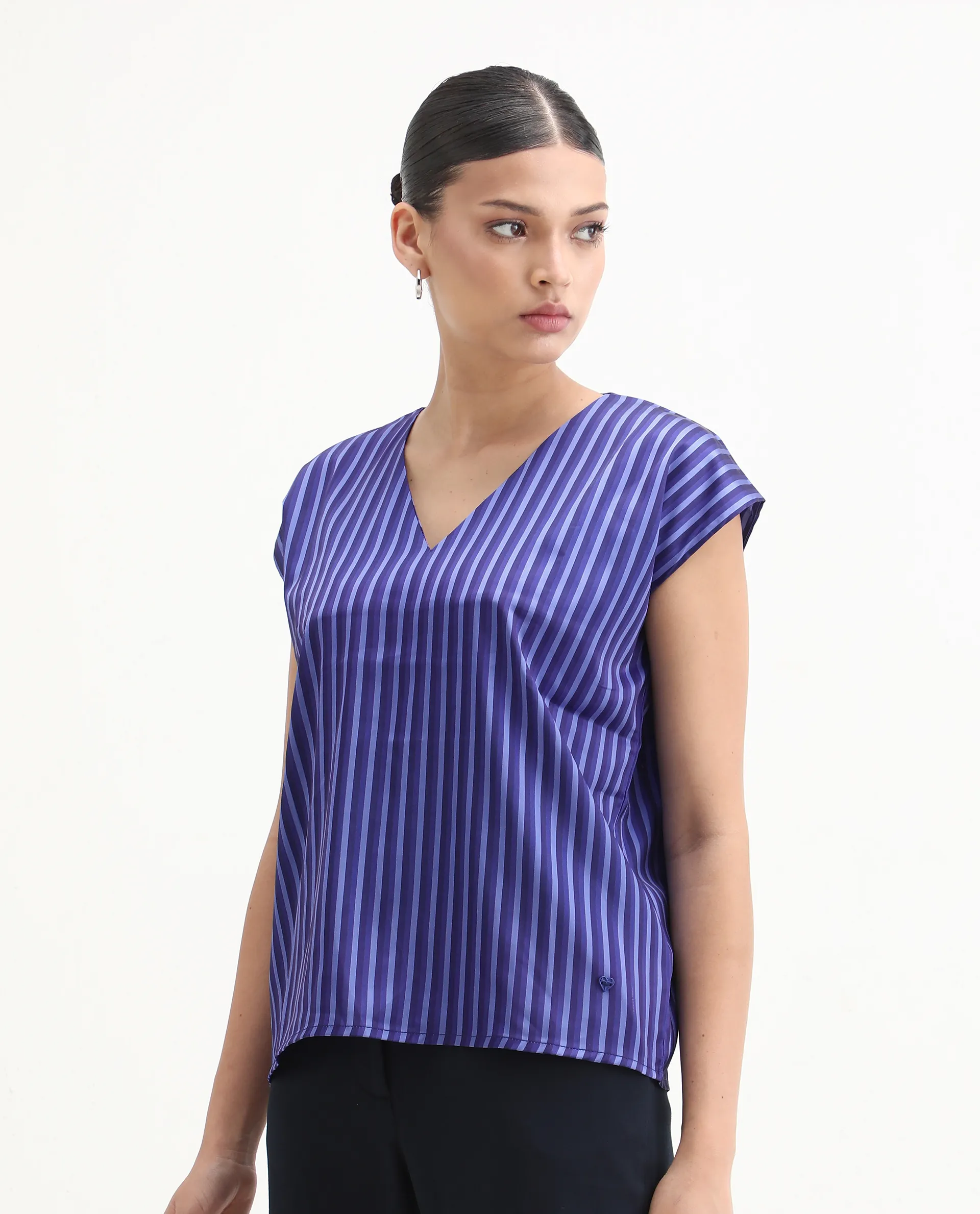 Rareism Women's Chinita Blue Satin V-Neck Striped Extended Sleeves Boxy Fit Top - Image 5