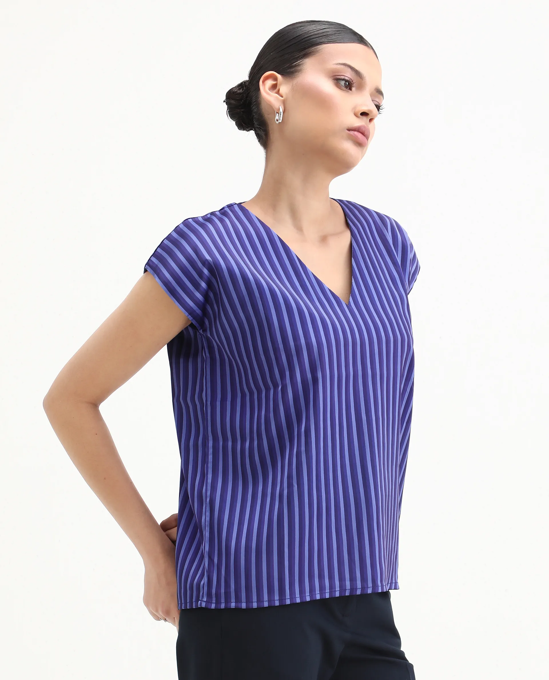 Rareism Women's Chinita Blue Satin V-Neck Striped Extended Sleeves Boxy Fit Top - Image 6