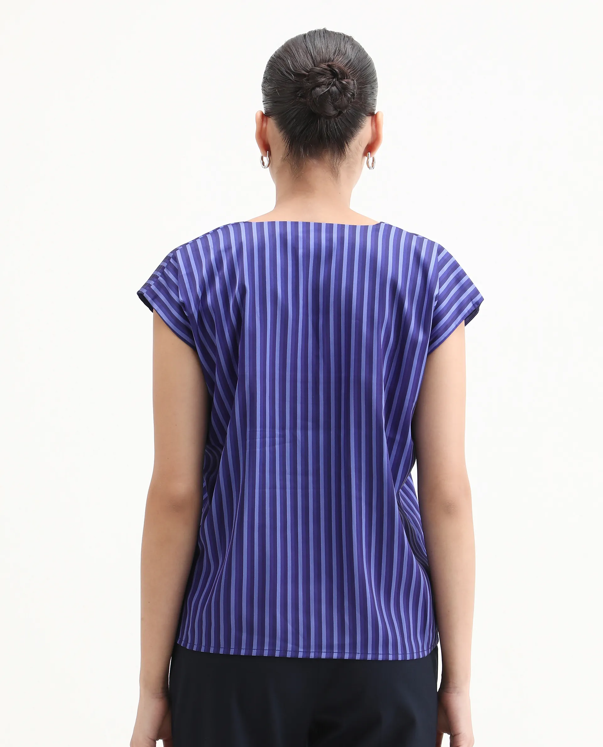 Rareism Women's Chinita Blue Satin V-Neck Striped Extended Sleeves Boxy Fit Top - Image 7