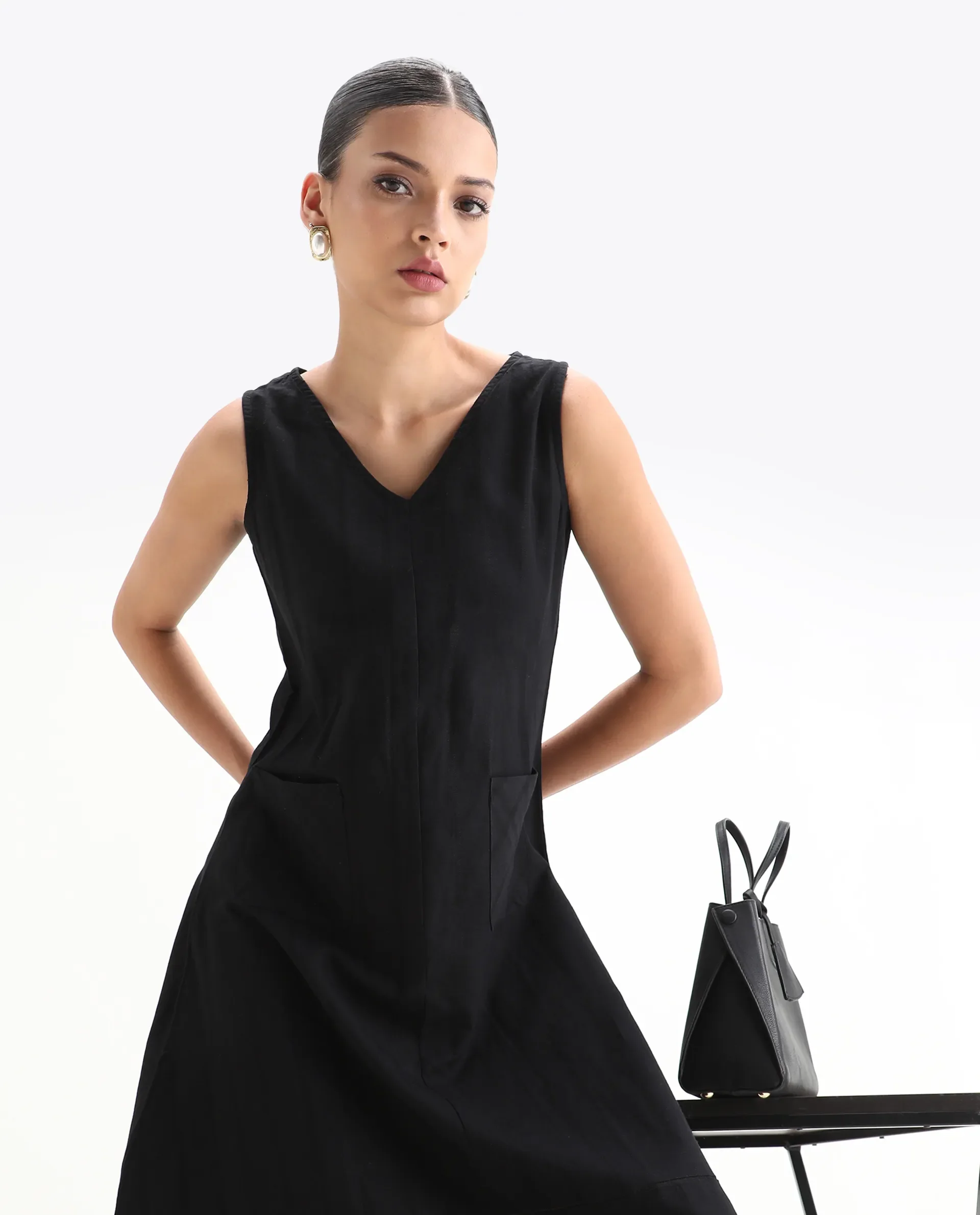 Rareism Womens Chloe Black Dress Long Length Cotton Linen Blend Fabric Sleeveless V Neck