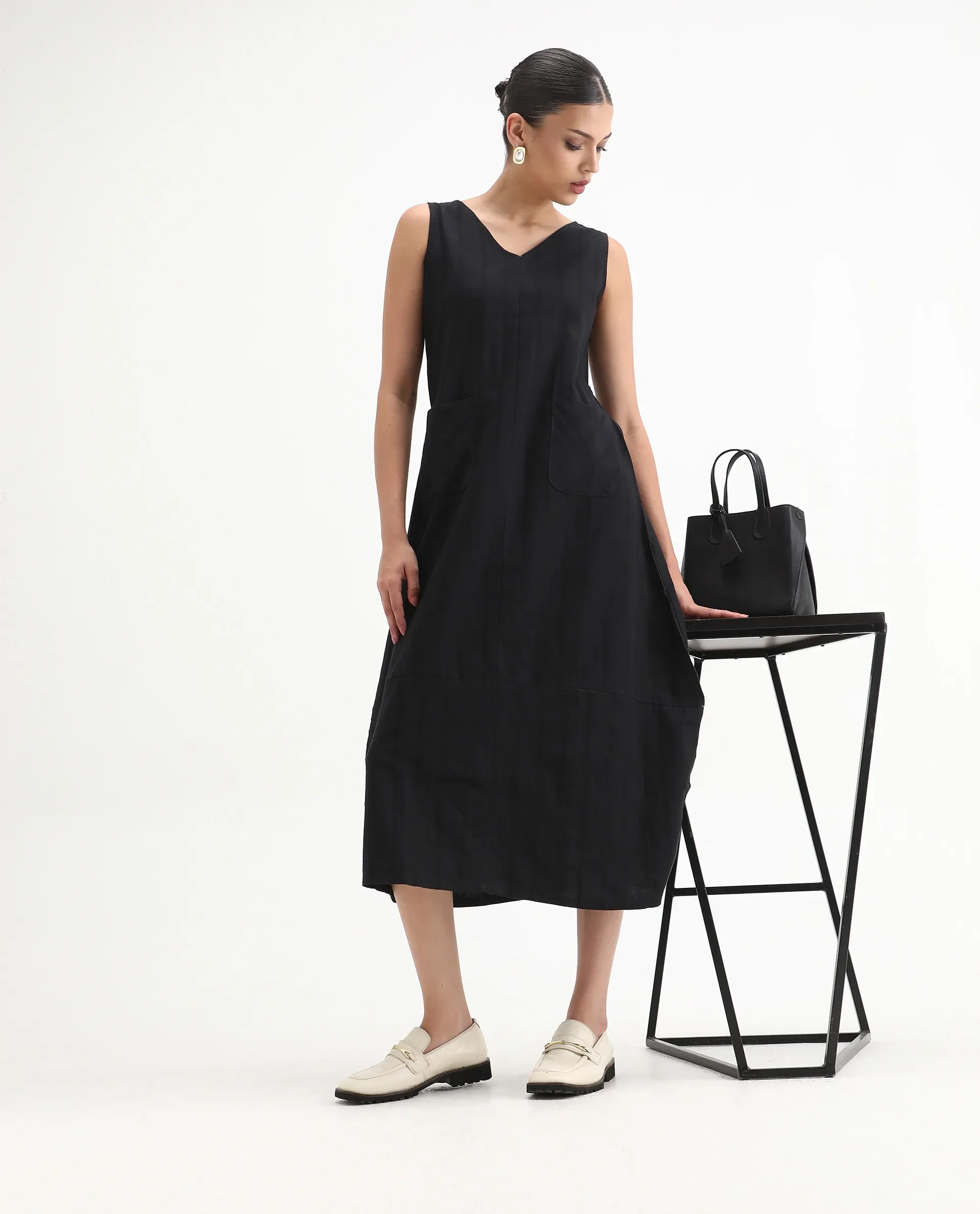 Rareism Womens Chloe Black Dress Long Length Cotton Linen Blend Fabric Sleeveless V Neck - Image 2