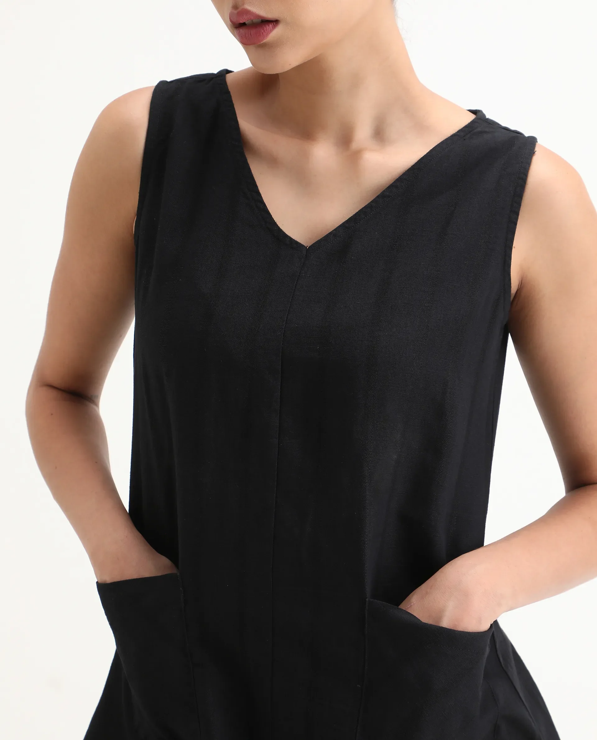 Rareism Womens Chloe Black Dress Long Length Cotton Linen Blend Fabric Sleeveless V Neck - Image 3