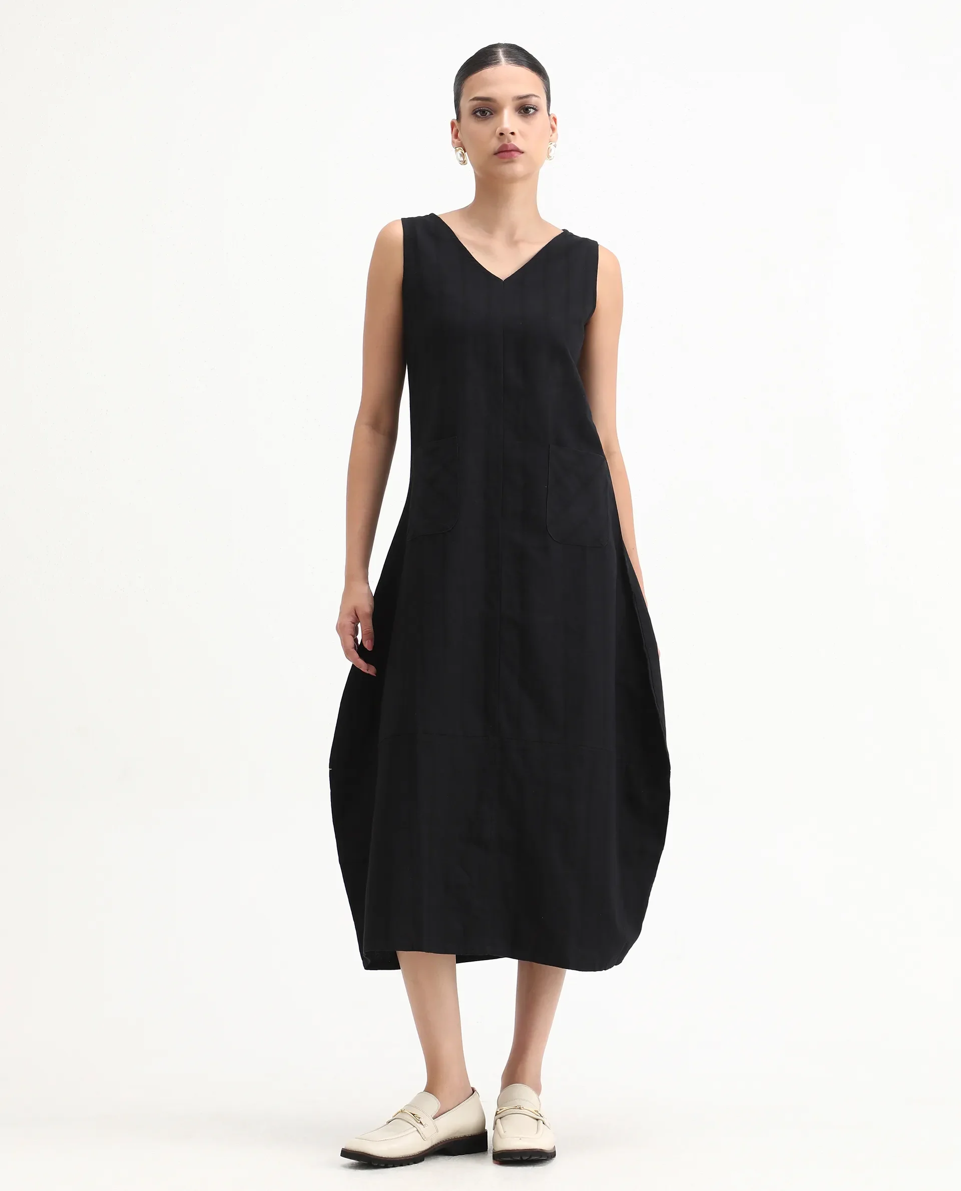 Rareism Womens Chloe Black Dress Long Length Cotton Linen Blend Fabric Sleeveless V Neck - Image 4