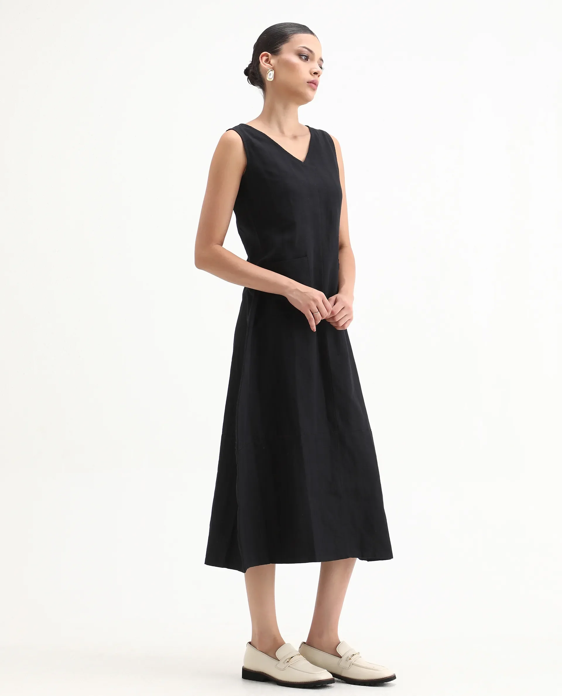 Rareism Womens Chloe Black Dress Long Length Cotton Linen Blend Fabric Sleeveless V Neck - Image 5