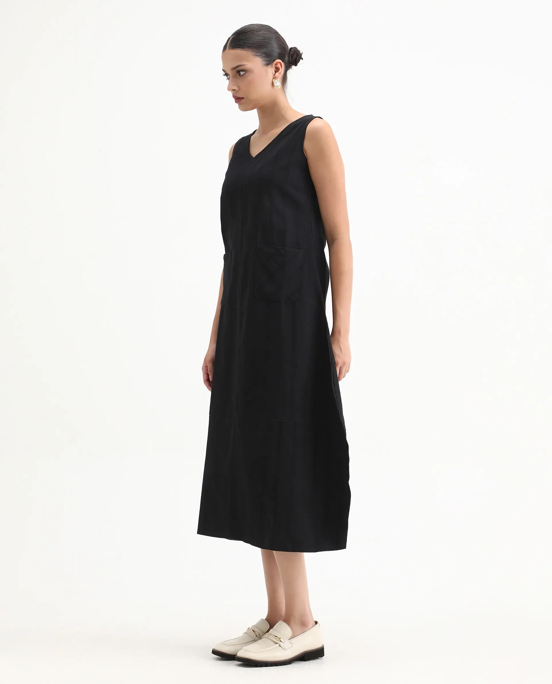 Rareism Womens Chloe Black Dress Long Length Cotton Linen Blend Fabric Sleeveless V Neck - Image 6