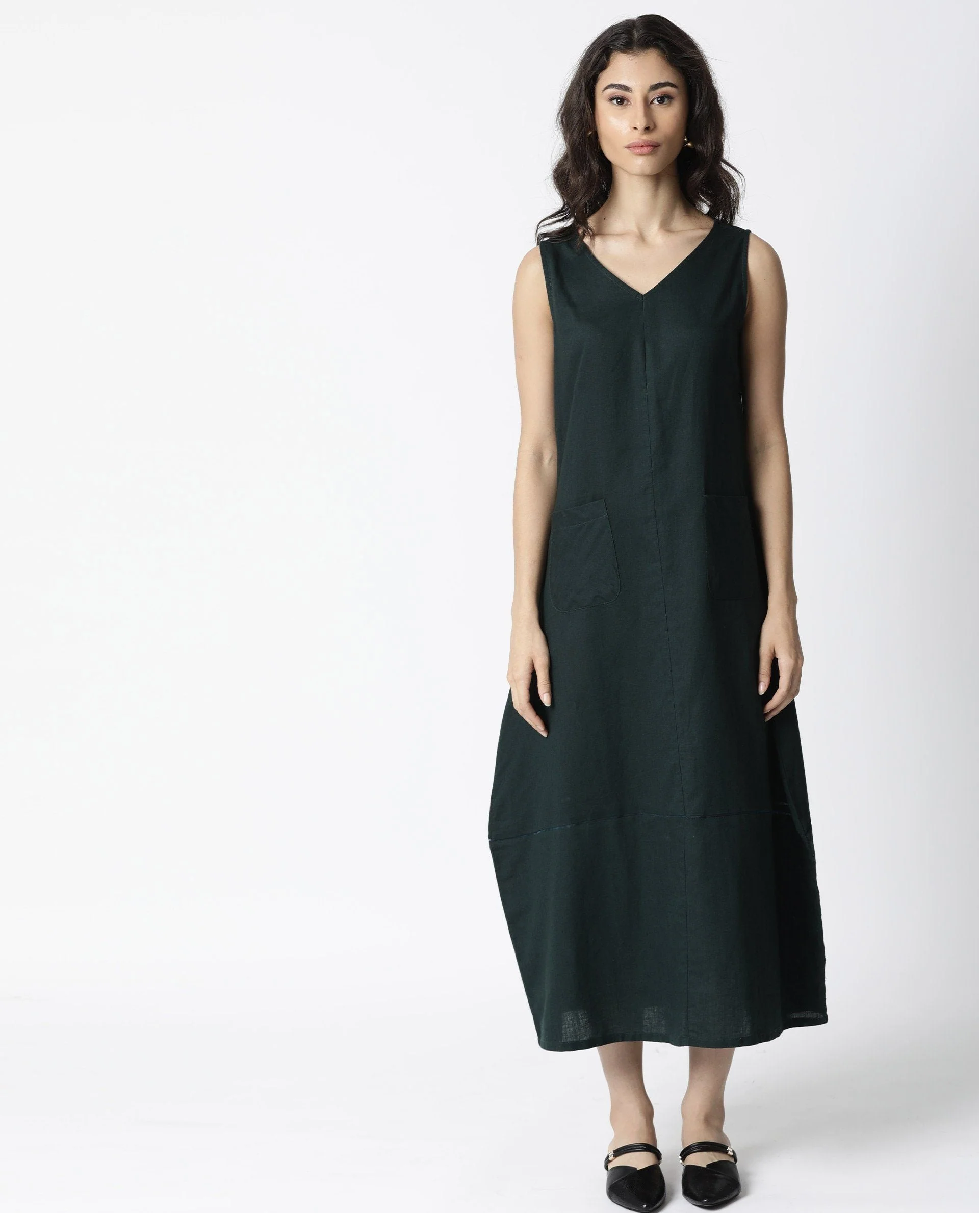 Rareism Women's Chloe Green Linen V-Neck Plain Sleeveless Maxi Regular Fit Dress