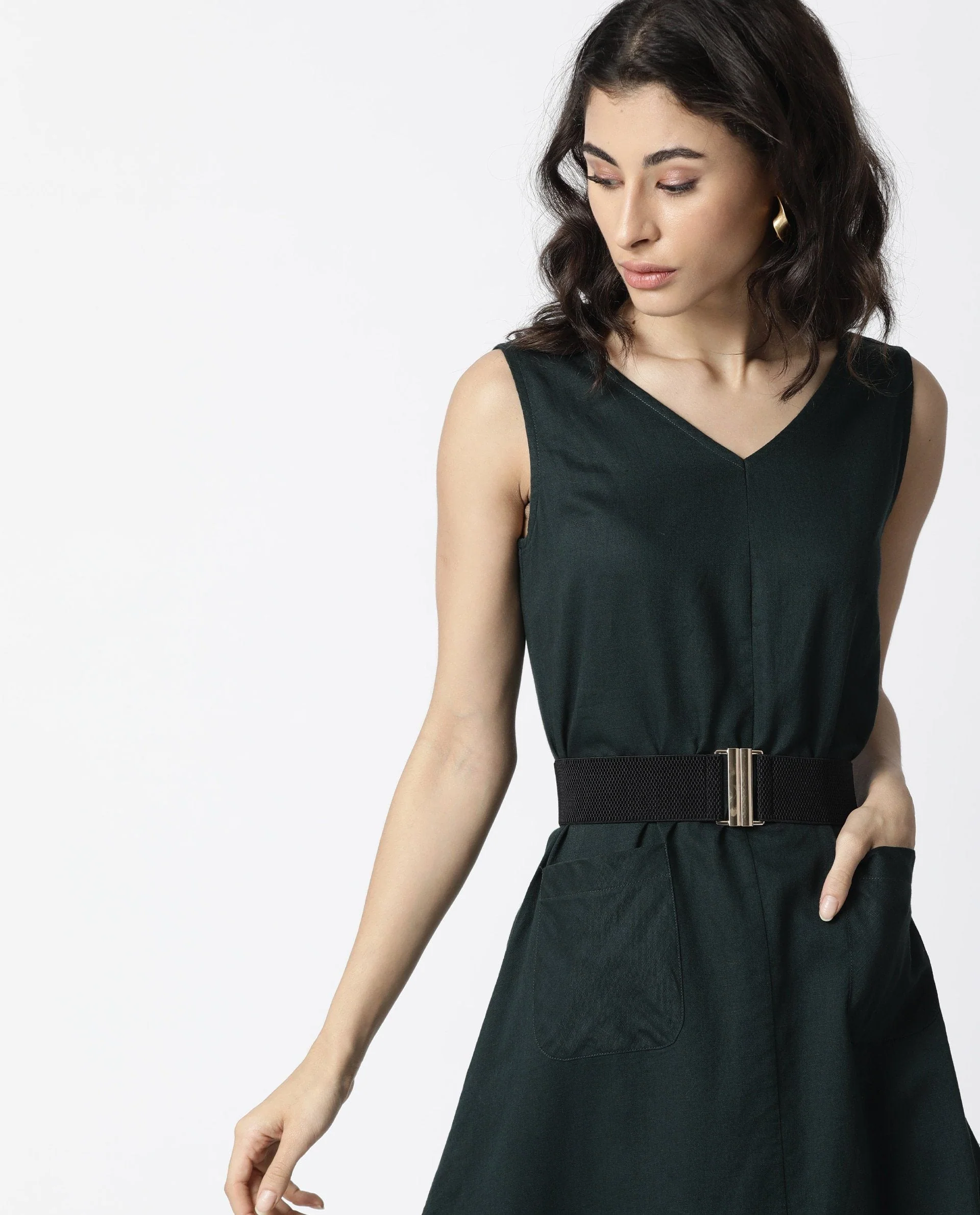 Rareism Women's Chloe Green Linen V-Neck Plain Sleeveless Maxi Regular Fit Dress - Image 2