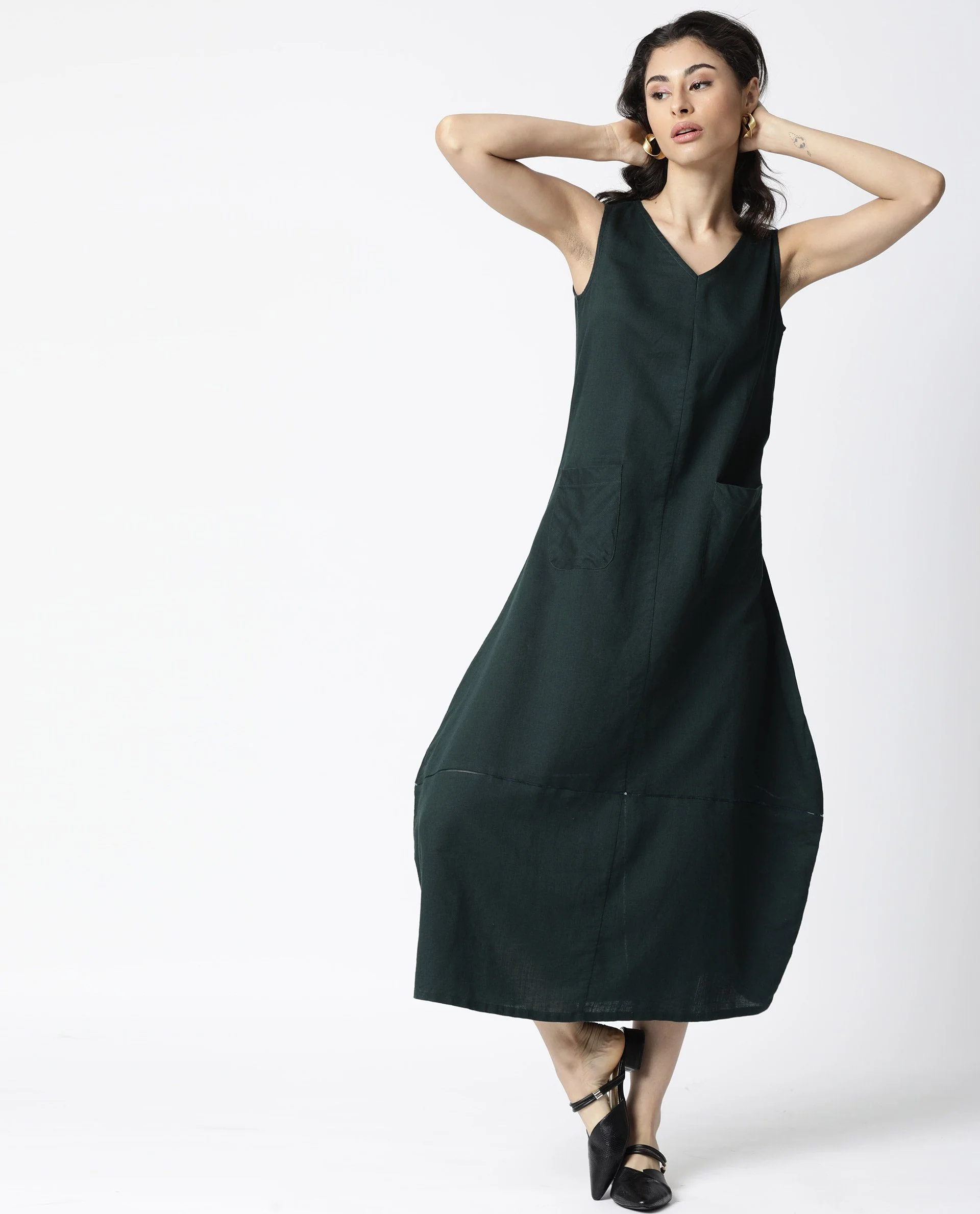 Rareism Women's Chloe Green Linen V-Neck Plain Sleeveless Maxi Regular Fit Dress - Image 6