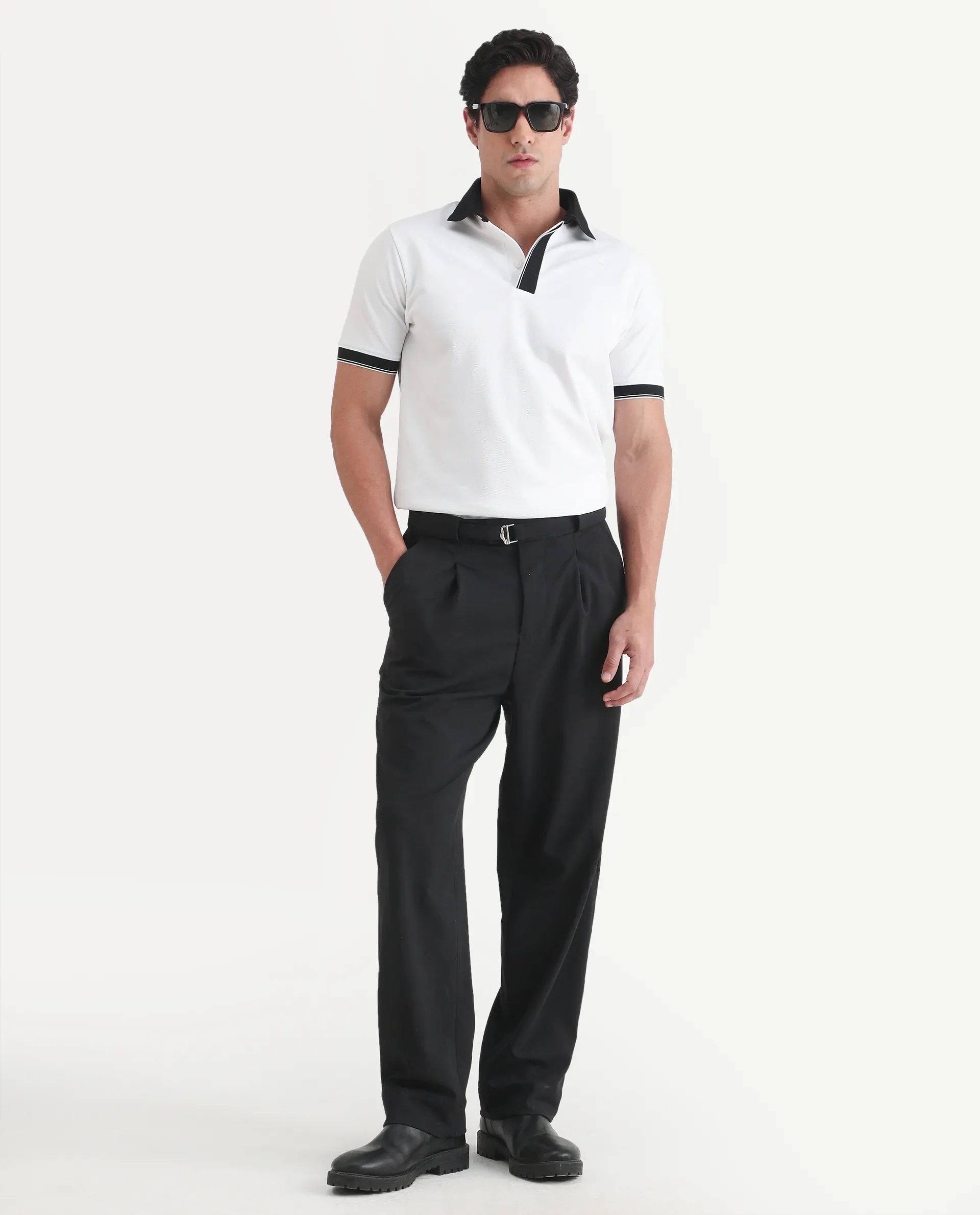 Rare Rabbit Men's Chob White Cotton Blend Fabric Half Sleeve Spread Collar Regular Fit Plain Polo - Image 2