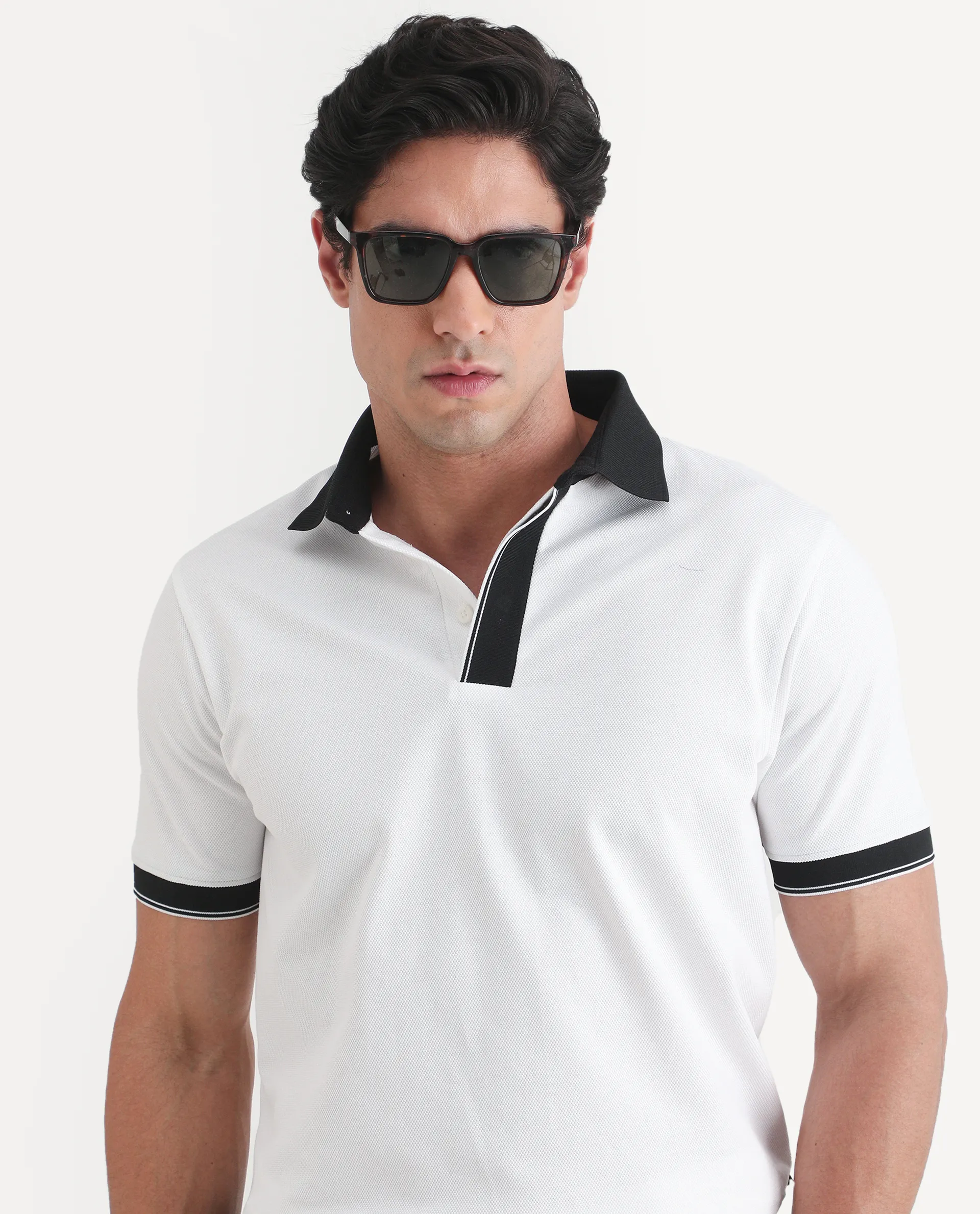 Rare Rabbit Men's Chob White Cotton Blend Fabric Half Sleeve Spread Collar Regular Fit Plain Polo - Image 3