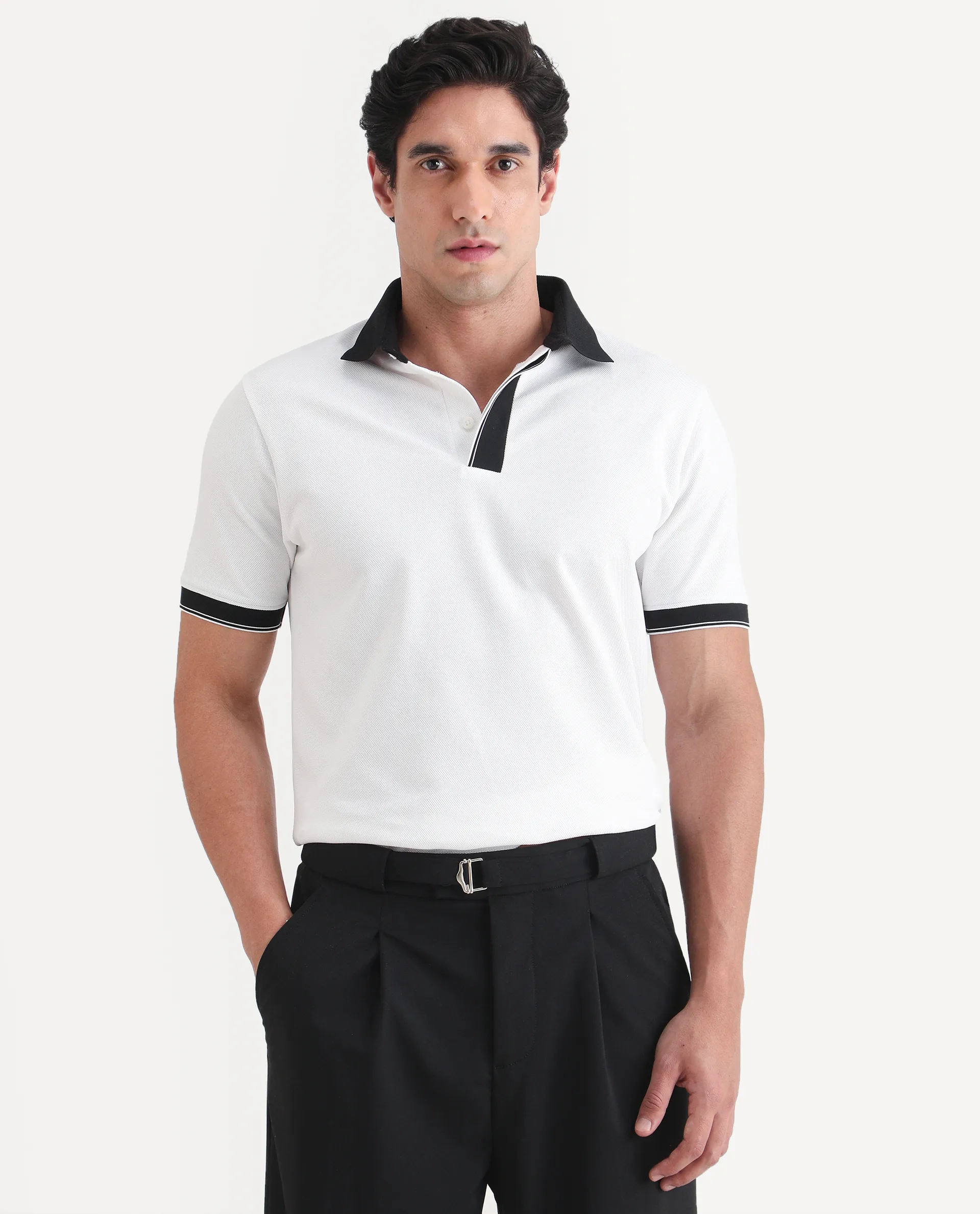 Rare Rabbit Men's Chob White Cotton Blend Fabric Half Sleeve Spread Collar Regular Fit Plain Polo - Image 4