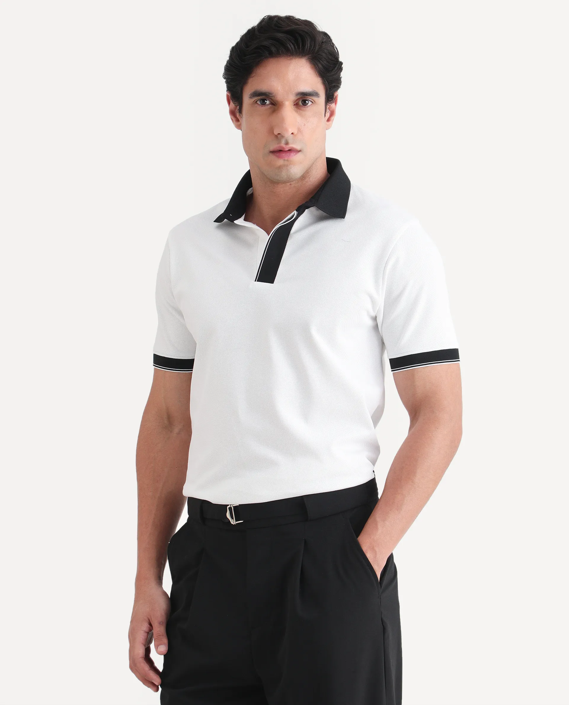 Rare Rabbit Men's Chob White Cotton Blend Fabric Half Sleeve Spread Collar Regular Fit Plain Polo - Image 5