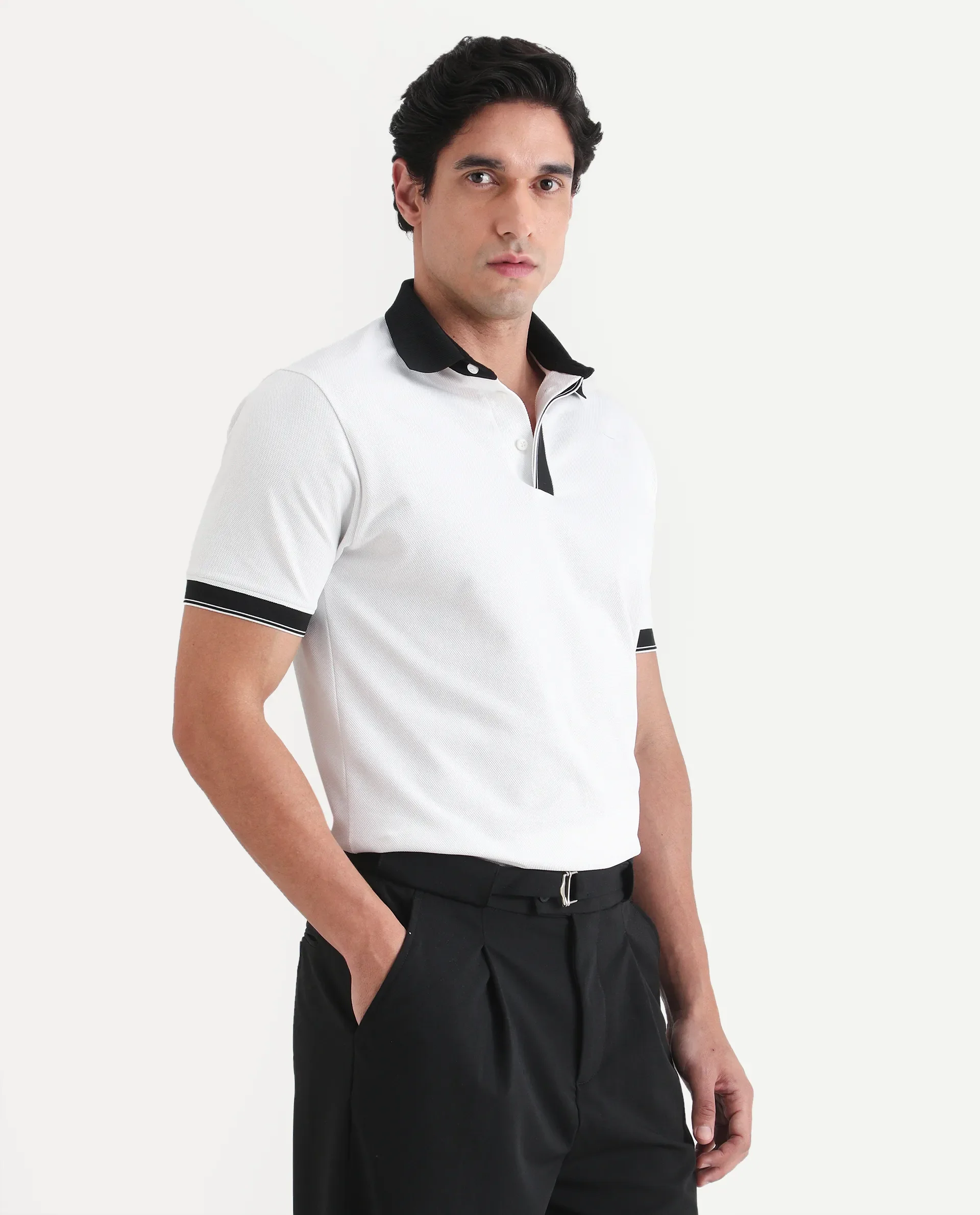 Rare Rabbit Men's Chob White Cotton Blend Fabric Half Sleeve Spread Collar Regular Fit Plain Polo - Image 6