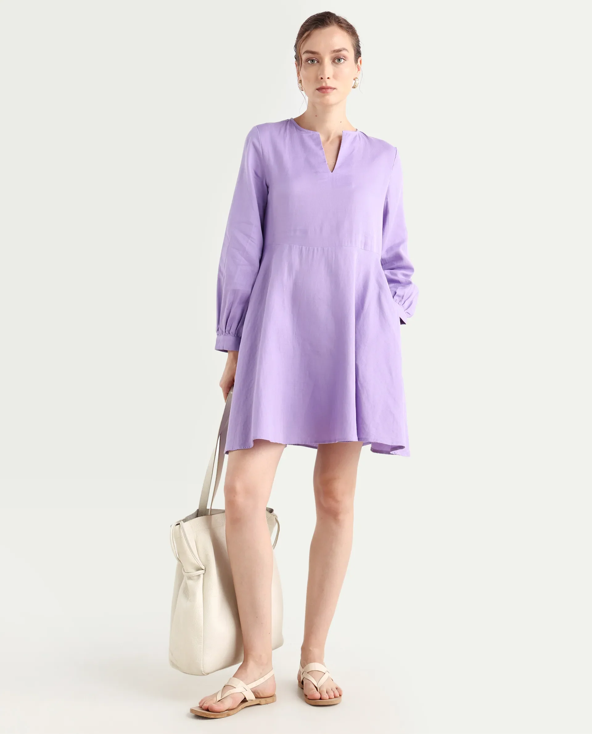 Rareism Women's Choho Pastel Purple Cotton V-Neck Plain Bishop Sleeve Mini Fit And Flare Dress - Image 2