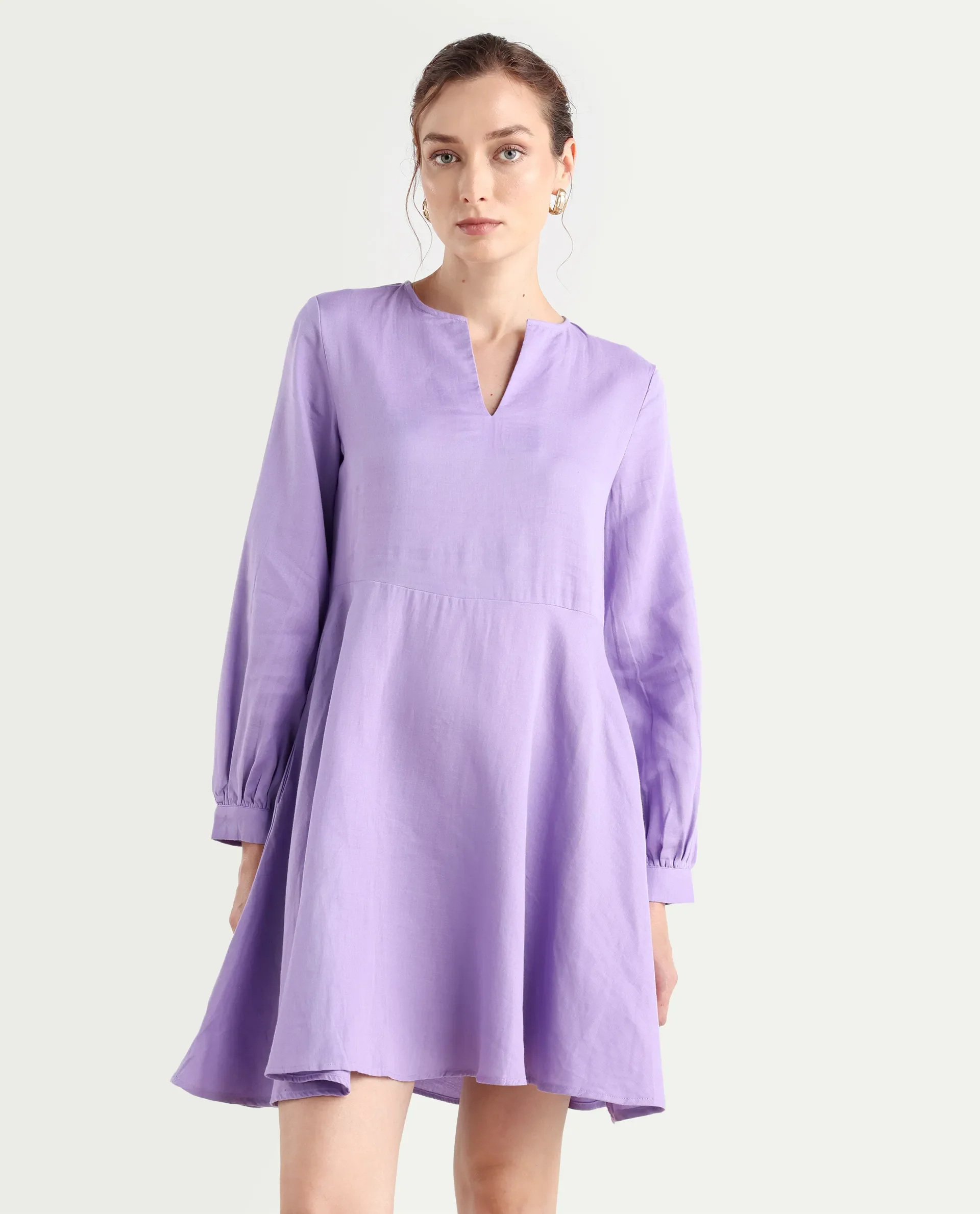Rareism Women's Choho Pastel Purple Cotton V-Neck Plain Bishop Sleeve Mini Fit And Flare Dress - Image 3