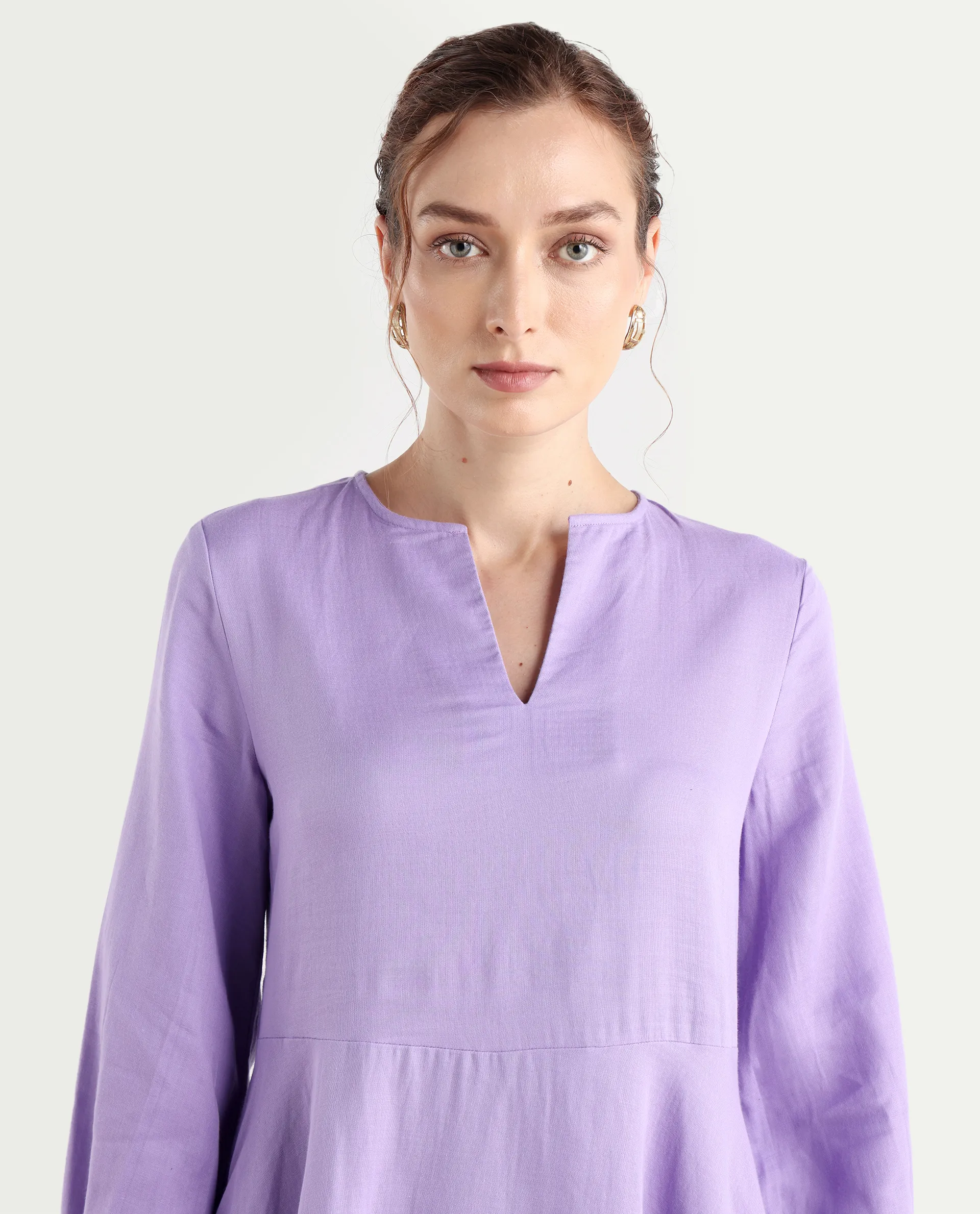 Rareism Women's Choho Pastel Purple Cotton V-Neck Plain Bishop Sleeve Mini Fit And Flare Dress - Image 4