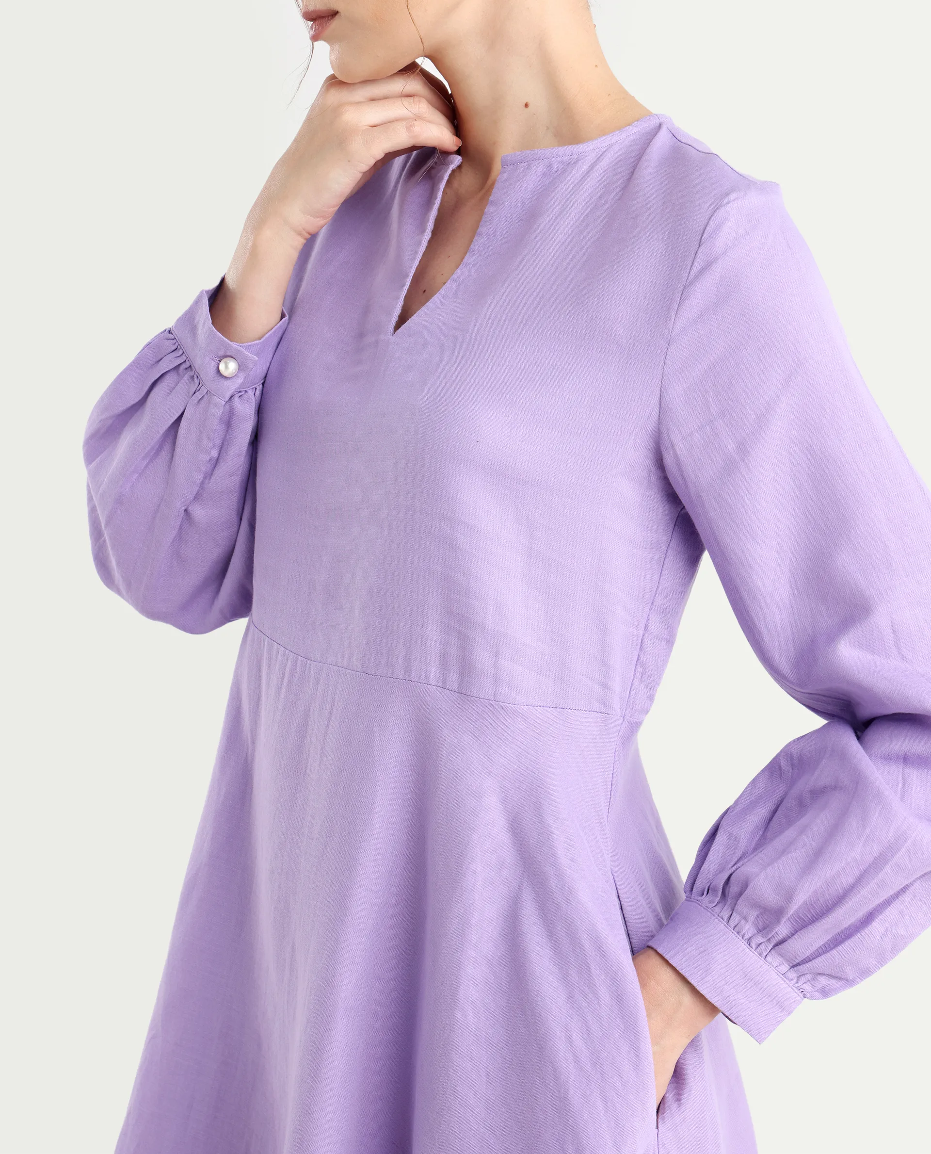 Rareism Women's Choho Pastel Purple Cotton V-Neck Plain Bishop Sleeve Mini Fit And Flare Dress - Image 5