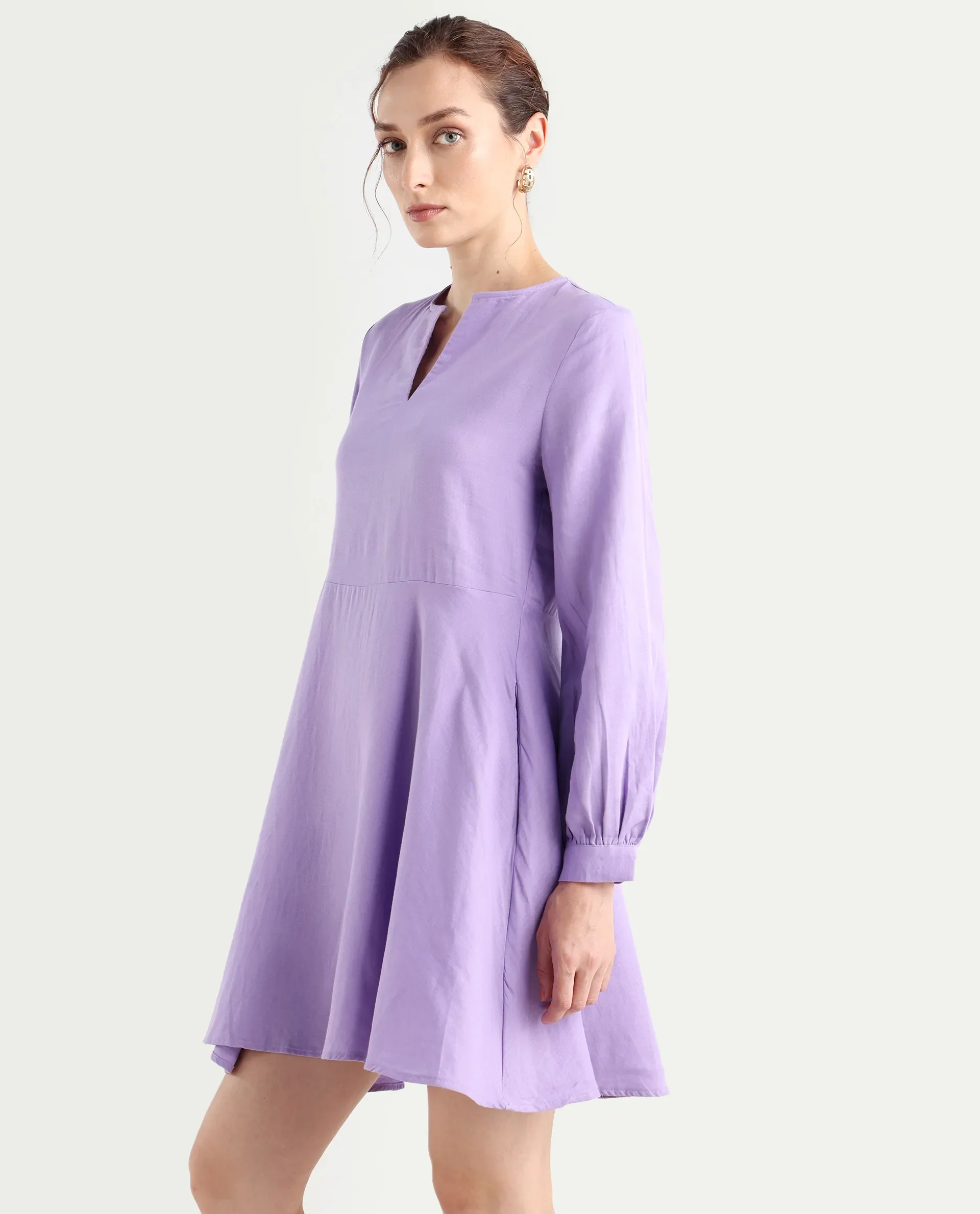 Rareism Women's Choho Pastel Purple Cotton V-Neck Plain Bishop Sleeve Mini Fit And Flare Dress - Image 6