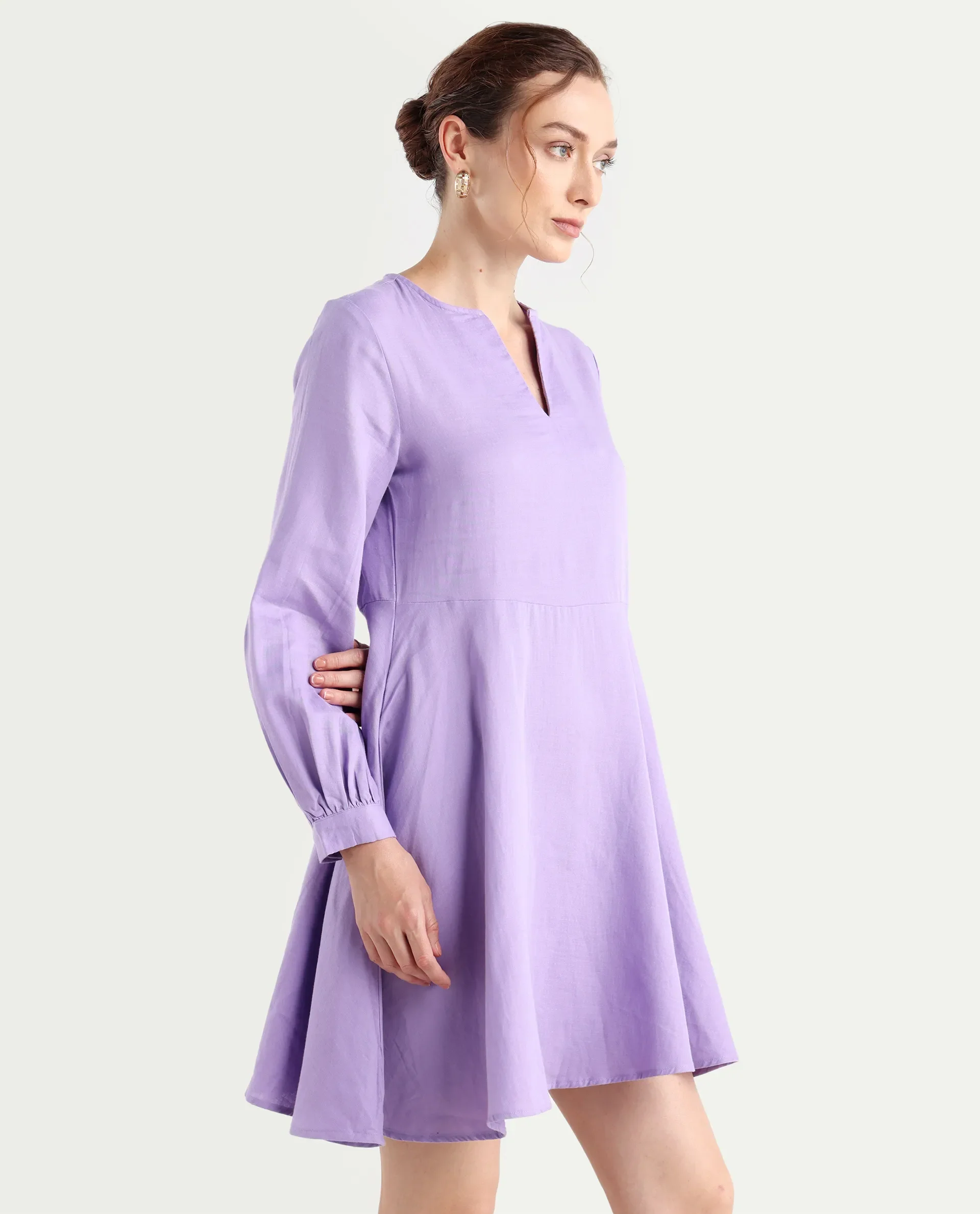 Rareism Women's Choho Pastel Purple Cotton V-Neck Plain Bishop Sleeve Mini Fit And Flare Dress - Image 7