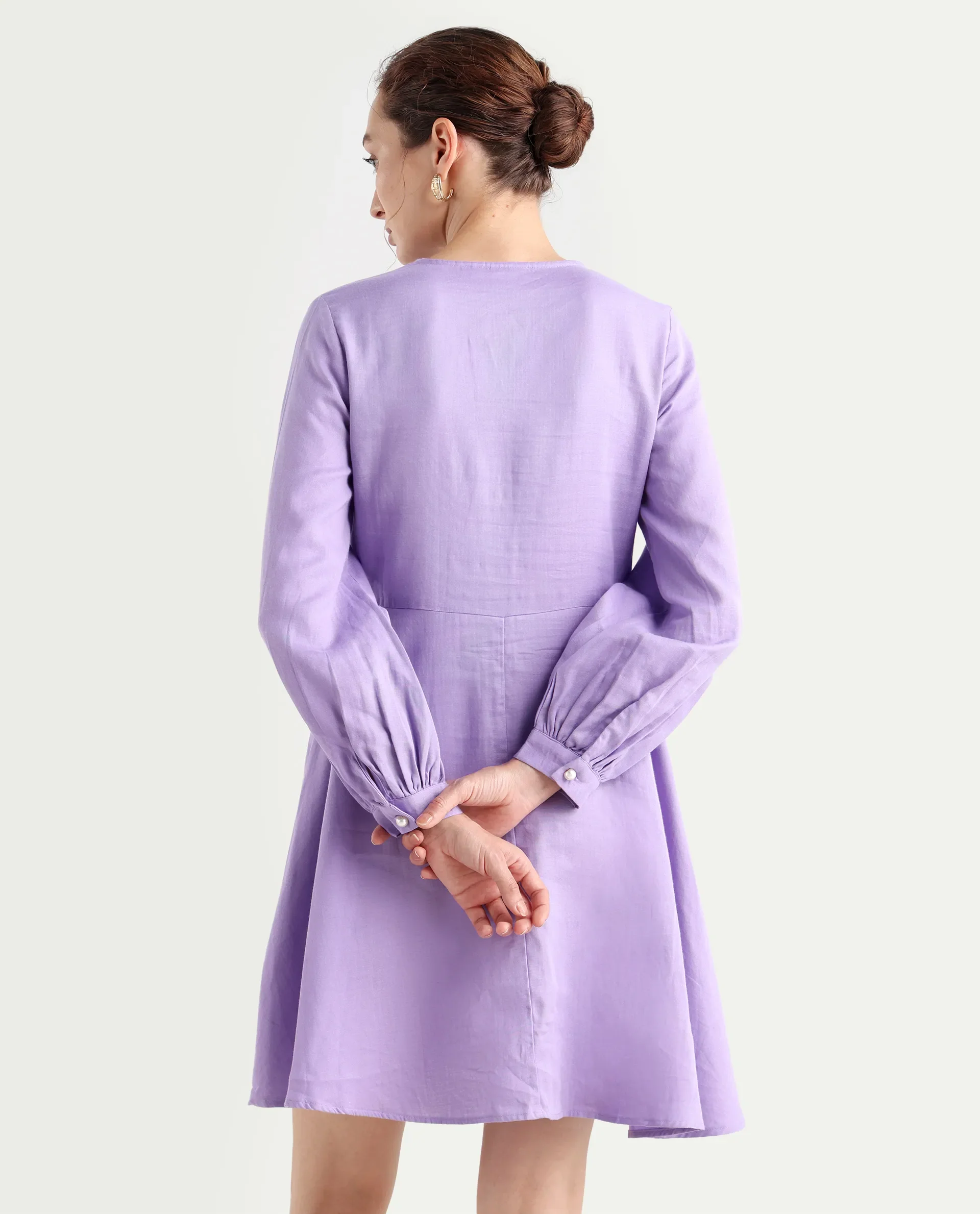 Rareism Women's Choho Pastel Purple Cotton V-Neck Plain Bishop Sleeve Mini Fit And Flare Dress - Image 8