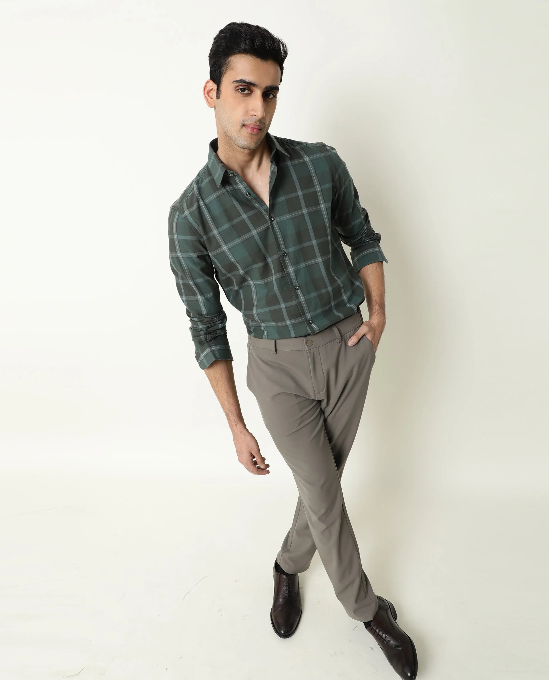 Rare Rabbit Men's Choi Green Checked Print Regular Fit Full Sleeve Collared Shirt - Image 3