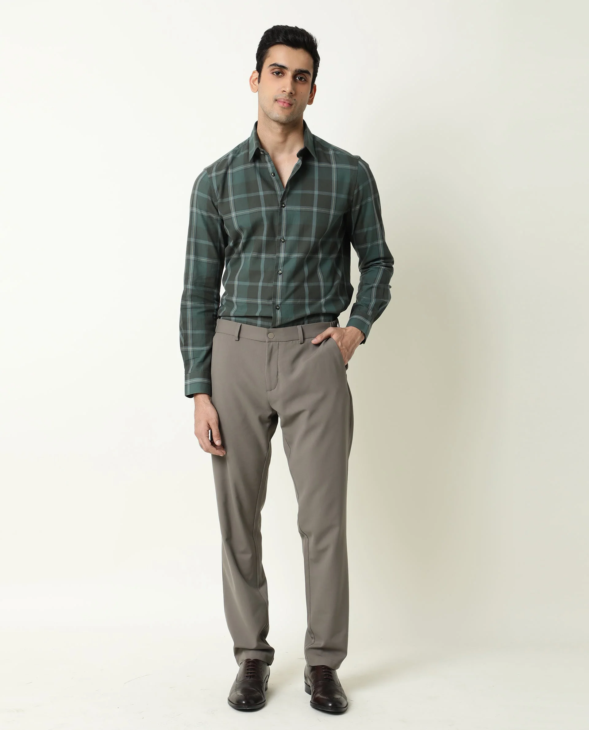 Rare Rabbit Men's Choi Green Checked Print Regular Fit Full Sleeve Collared Shirt - Image 4