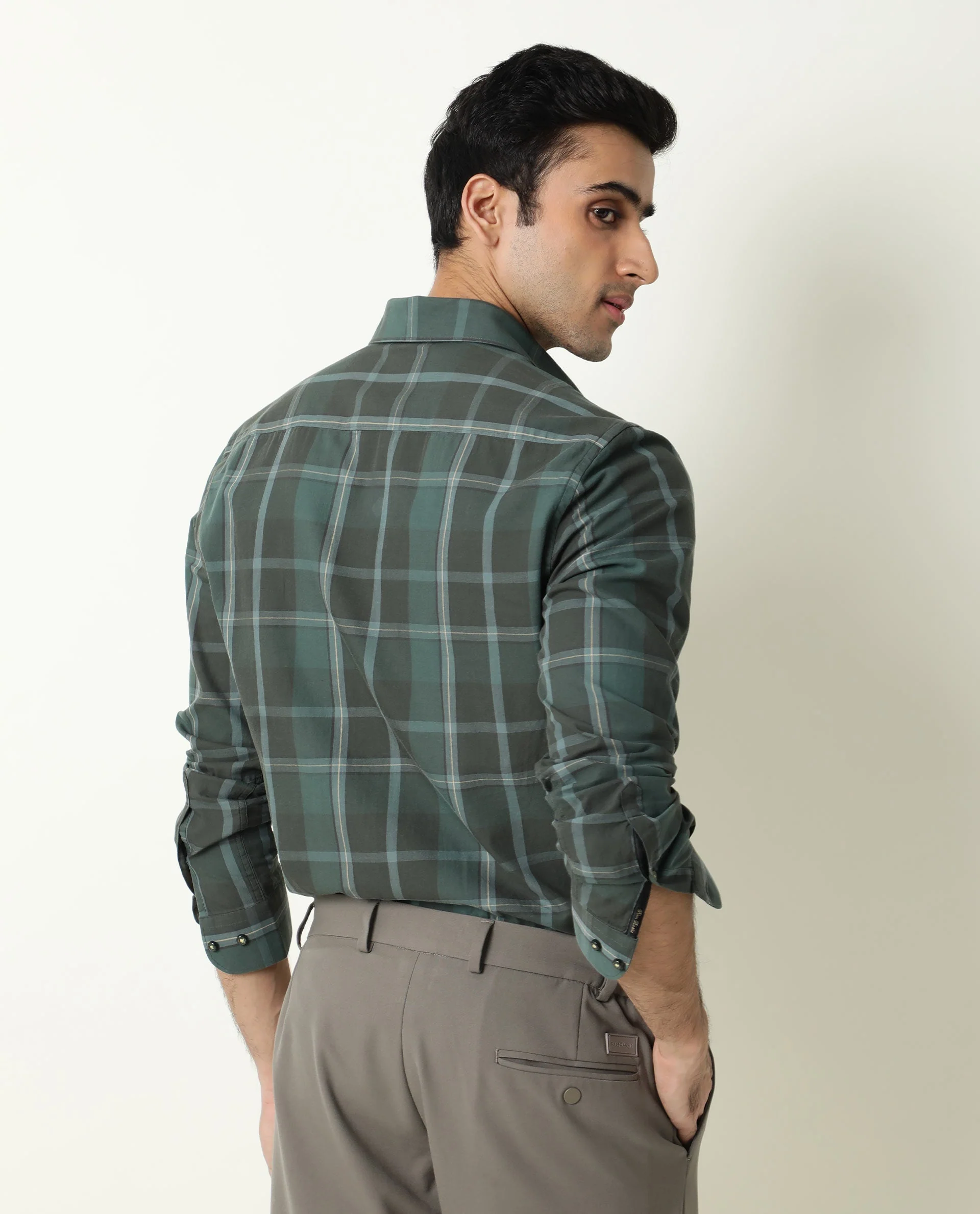 Rare Rabbit Men's Choi Green Checked Print Regular Fit Full Sleeve Collared Shirt - Image 7