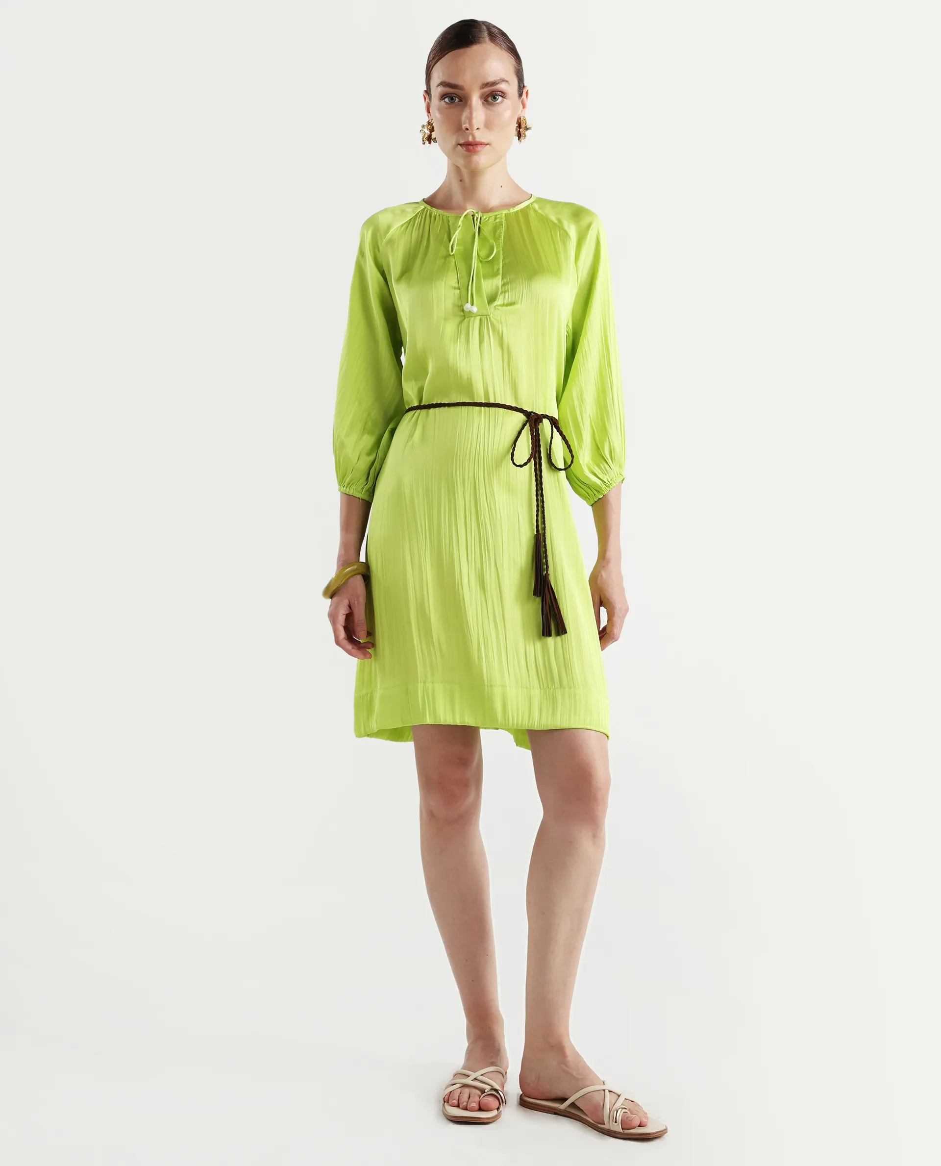 Rareism Women's Choji Light Green Polyester Tie-Up Neck Plain Raglan Sleeve Mini Relaxed Fit Dress - Image 2
