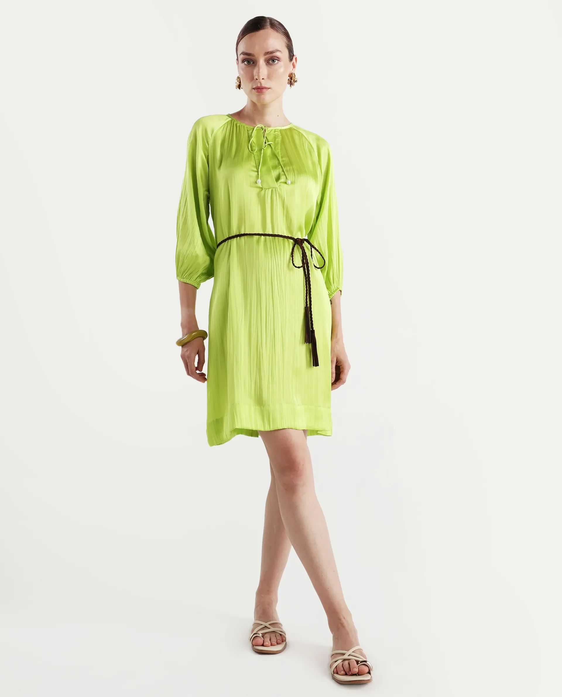 Rareism Women's Choji Light Green Polyester Tie-Up Neck Plain Raglan Sleeve Mini Relaxed Fit Dress - Image 3