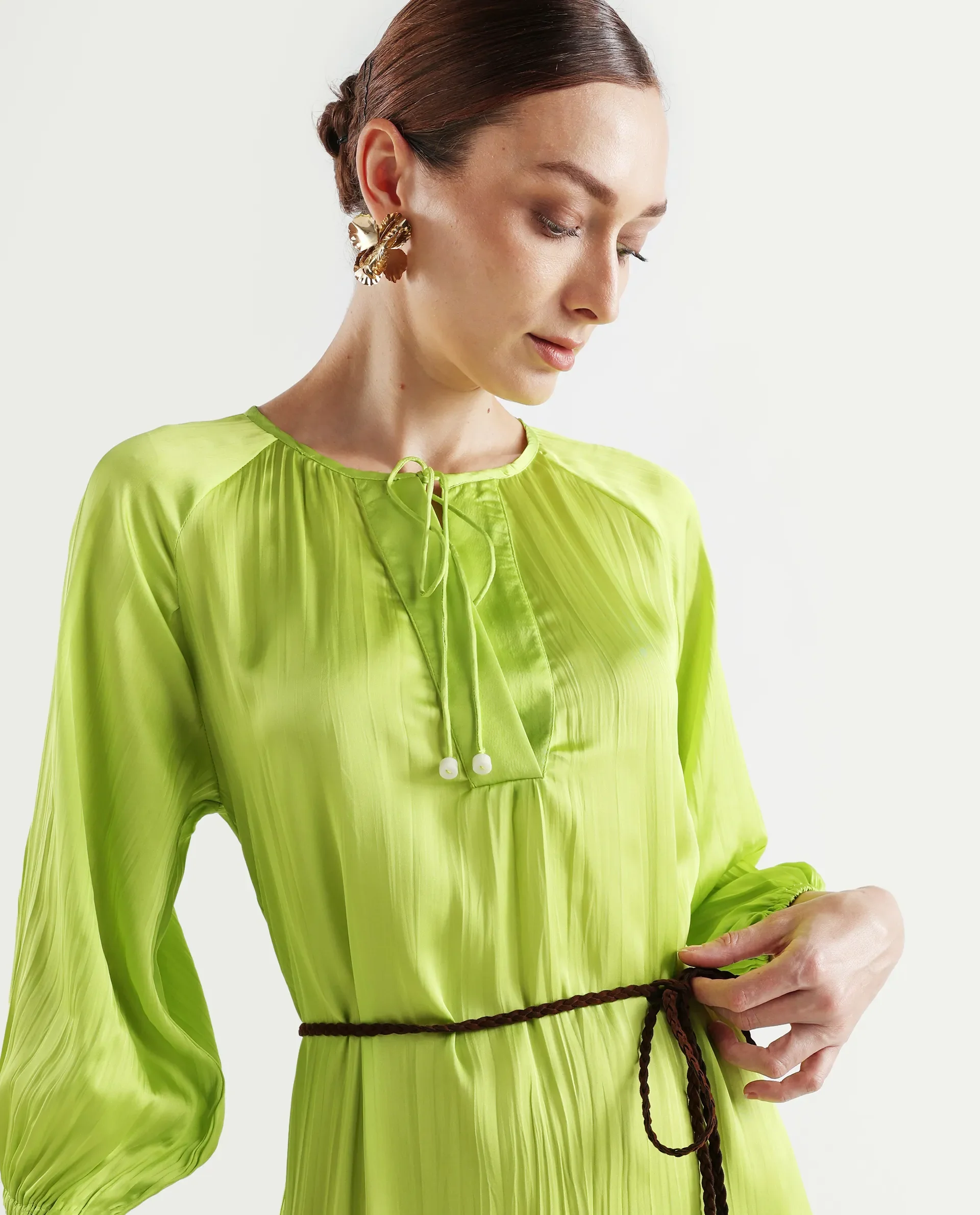 Rareism Women's Choji Light Green Polyester Tie-Up Neck Plain Raglan Sleeve Mini Relaxed Fit Dress - Image 4