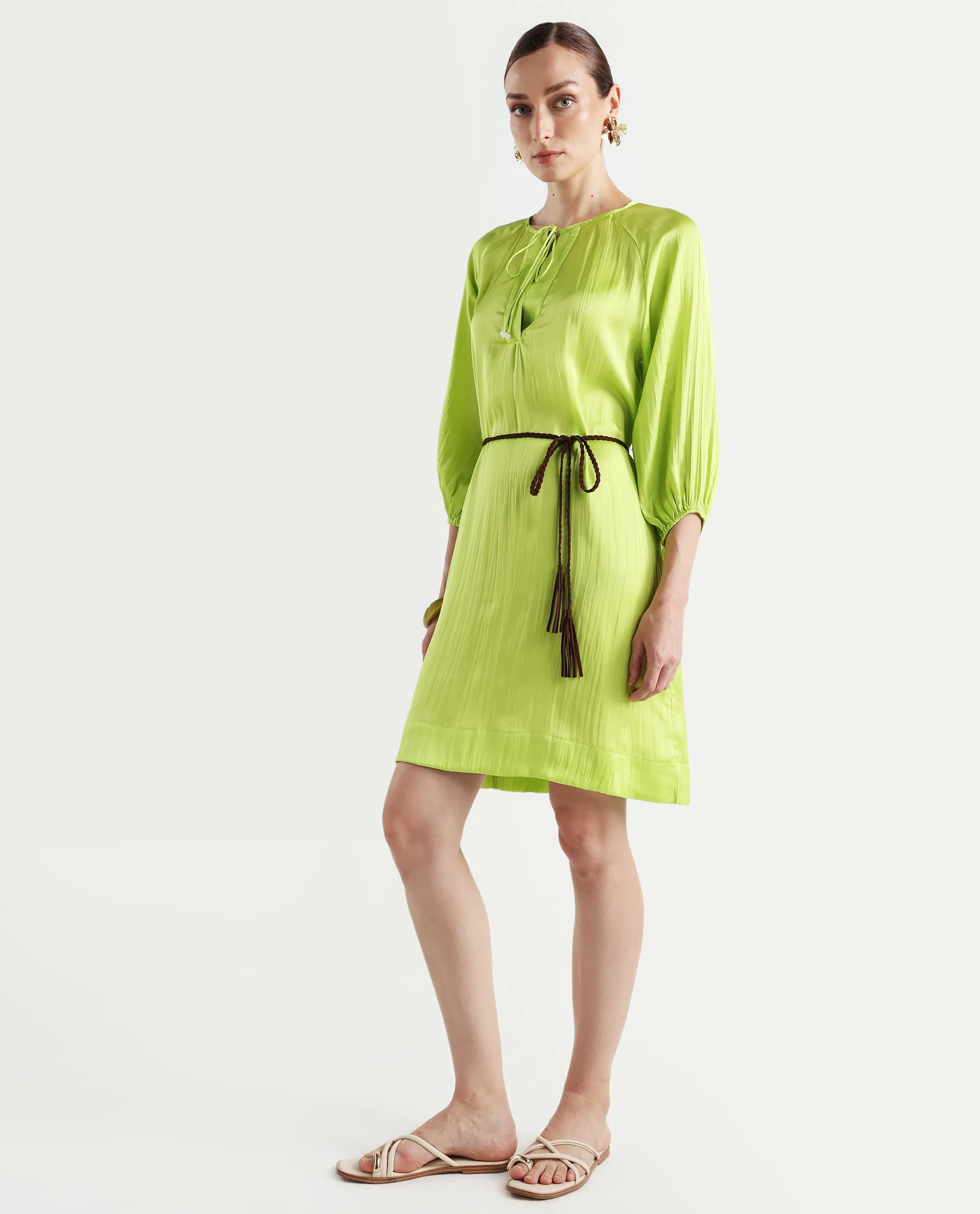 Rareism Women's Choji Light Green Polyester Tie-Up Neck Plain Raglan Sleeve Mini Relaxed Fit Dress - Image 5