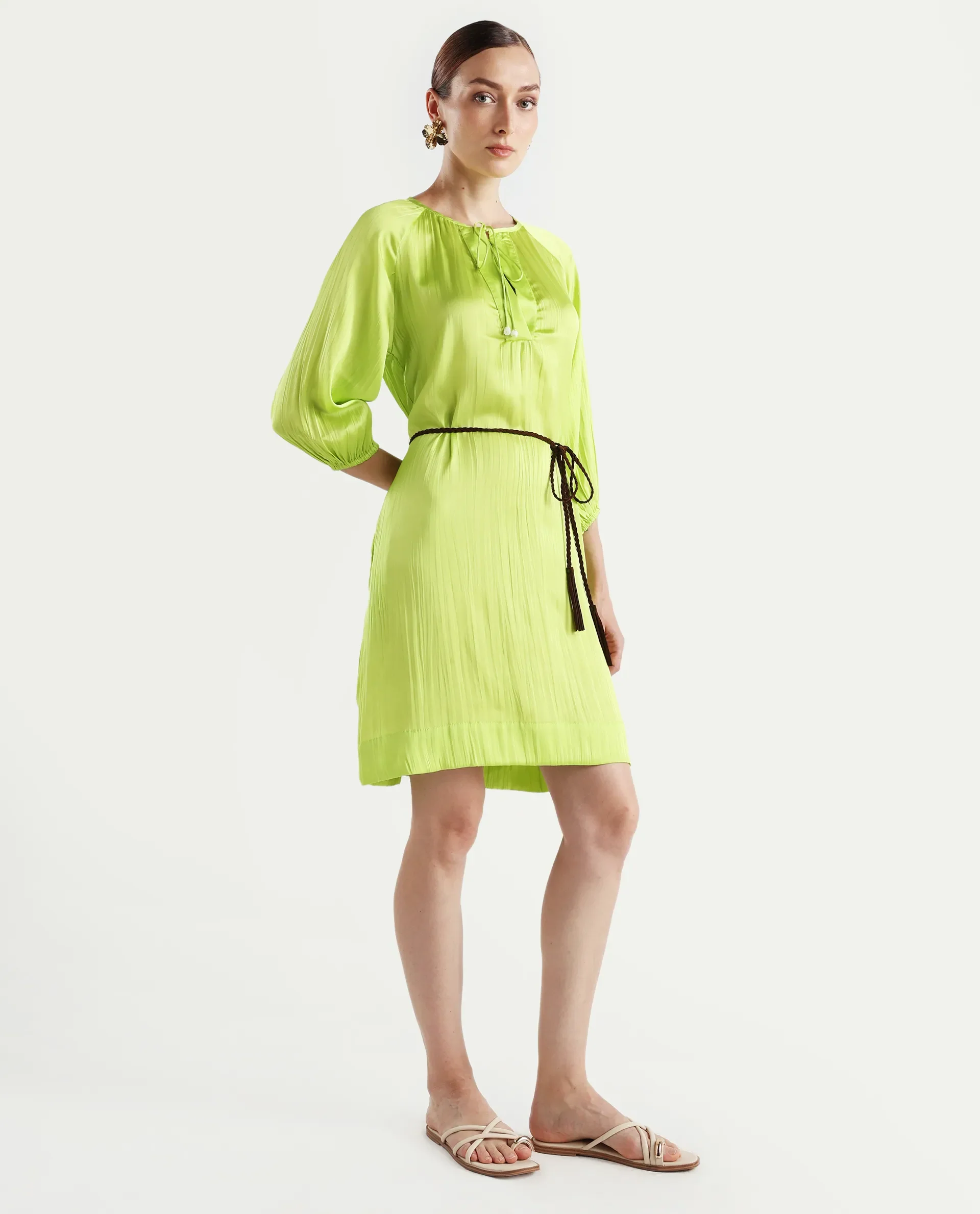 Rareism Women's Choji Light Green Polyester Tie-Up Neck Plain Raglan Sleeve Mini Relaxed Fit Dress - Image 6