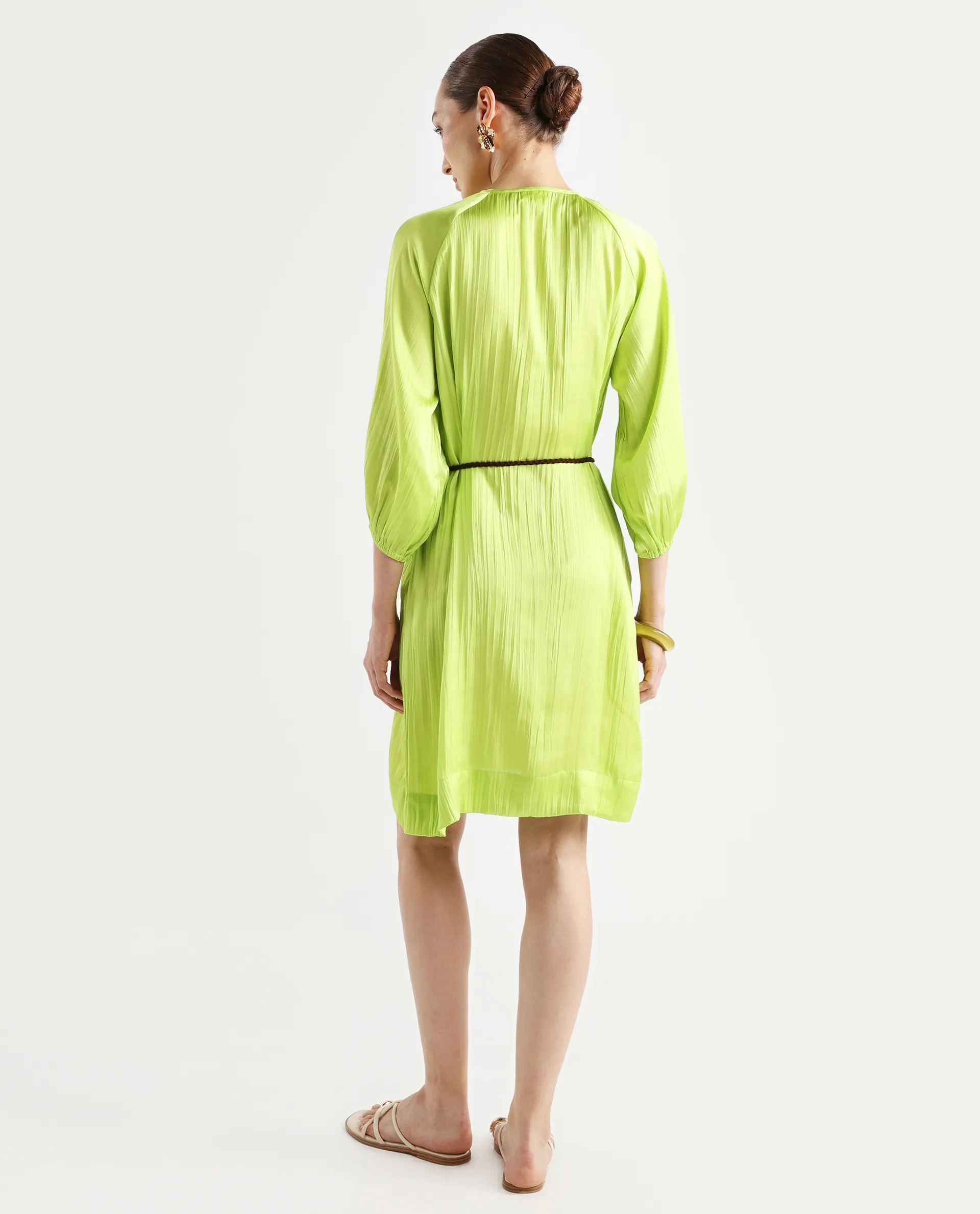 Rareism Women's Choji Light Green Polyester Tie-Up Neck Plain Raglan Sleeve Mini Relaxed Fit Dress - Image 7